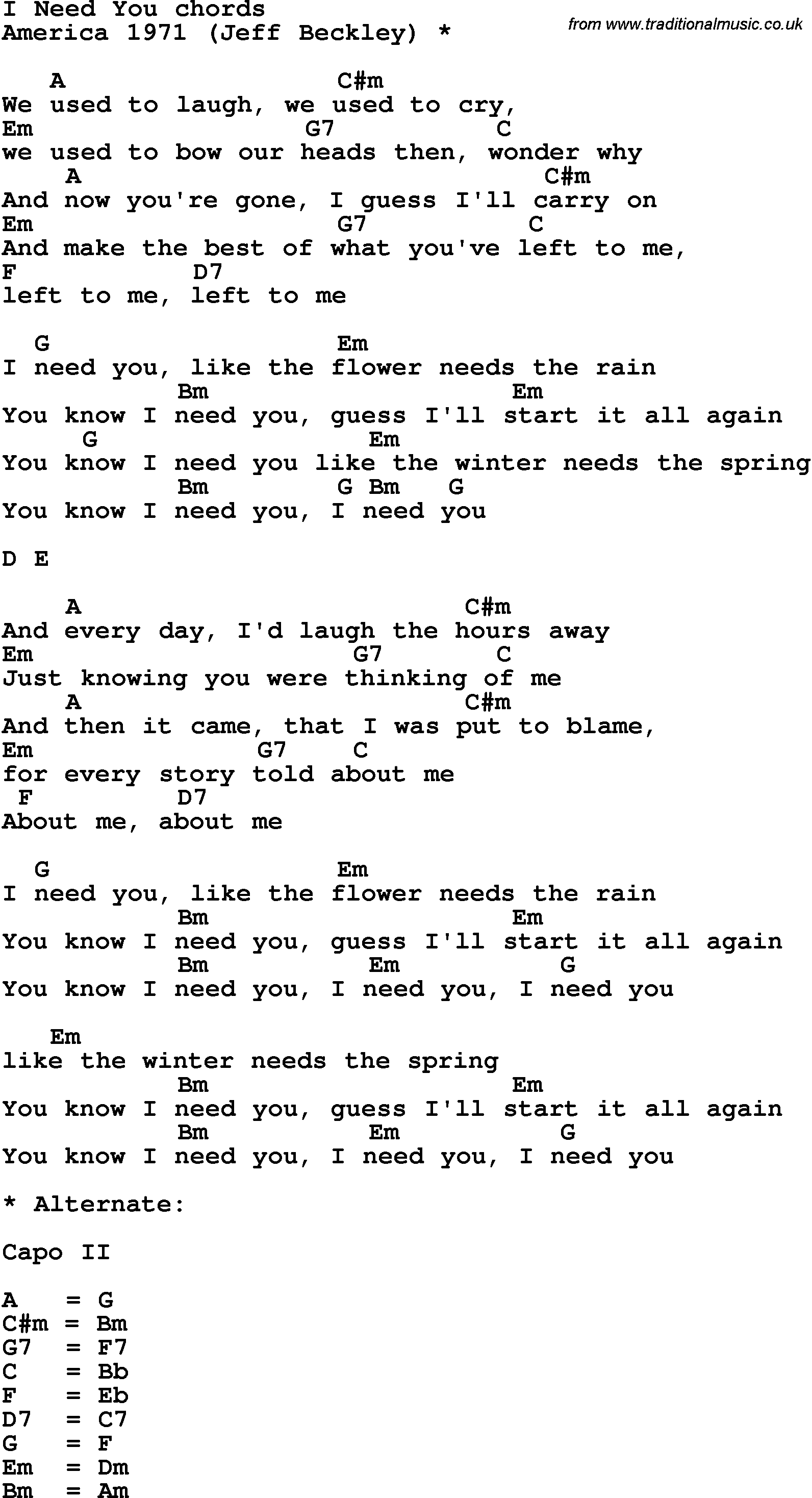 Song Lyrics with guitar chords for I Need You - America 1971