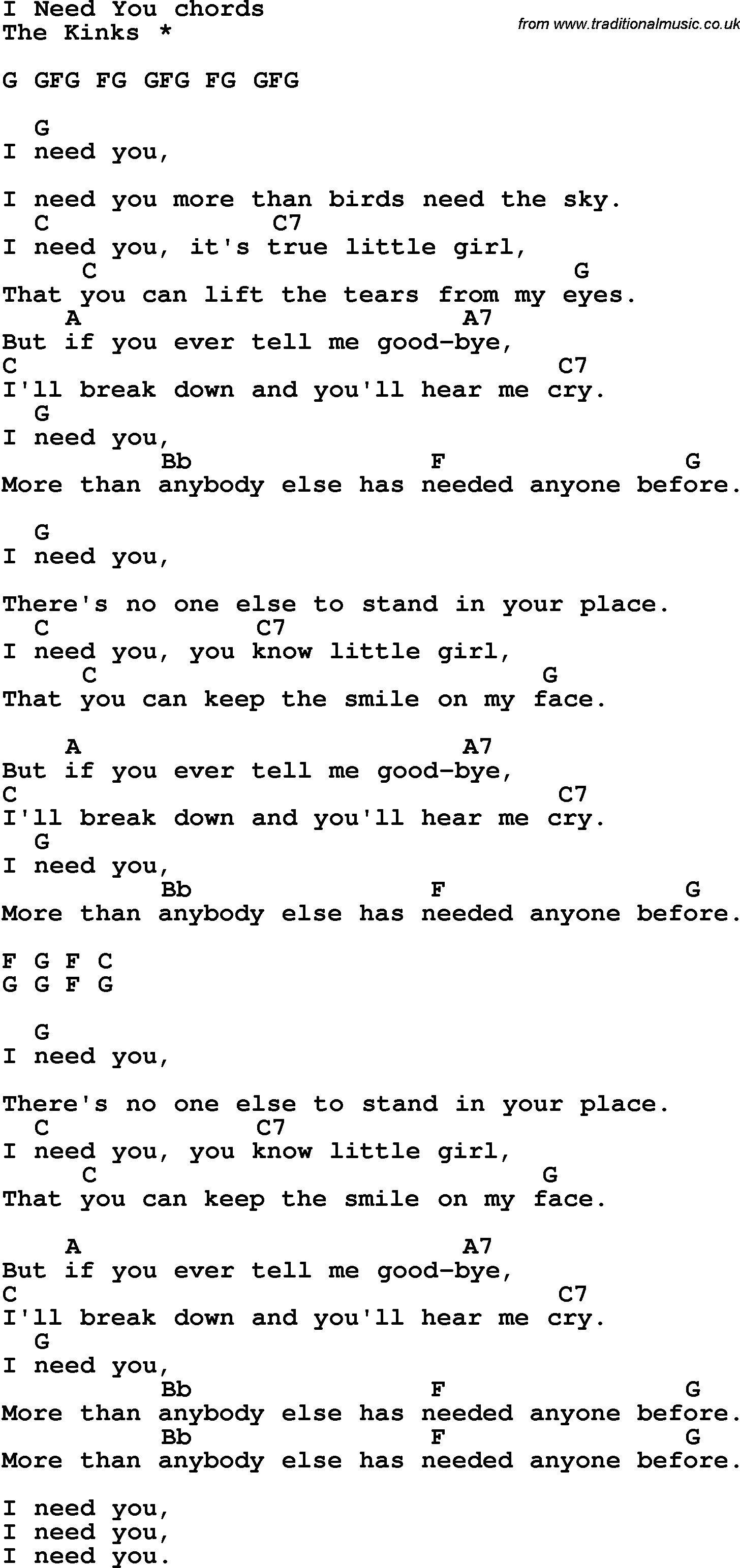 Song Lyrics with guitar chords for I Need You - The Kinks
