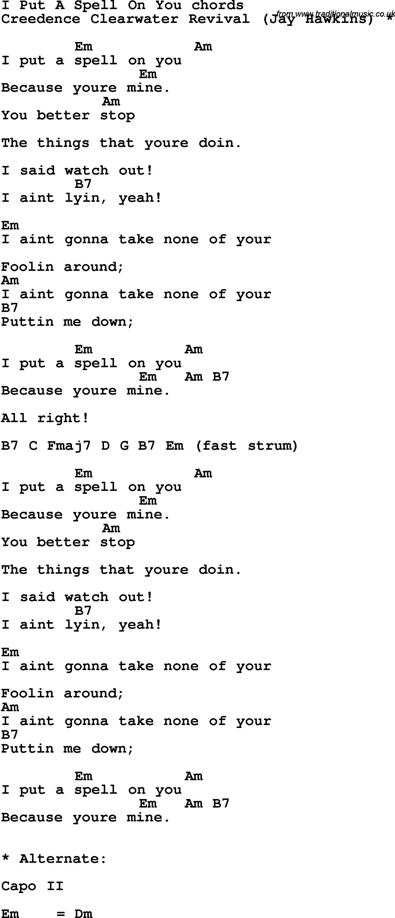 Song Lyrics with guitar chords for I Put A Spell On You
