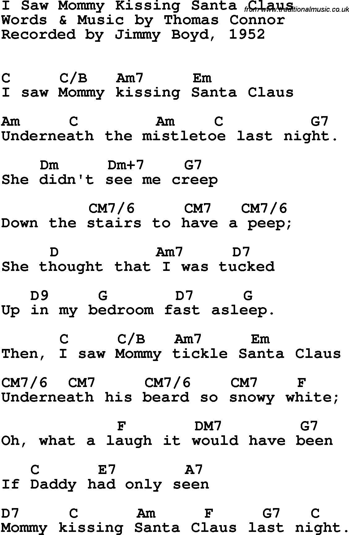Song Lyrics with guitar chords for I Saw Mommy Kissing Santa Claus - Jimmy Boyd, 1952
