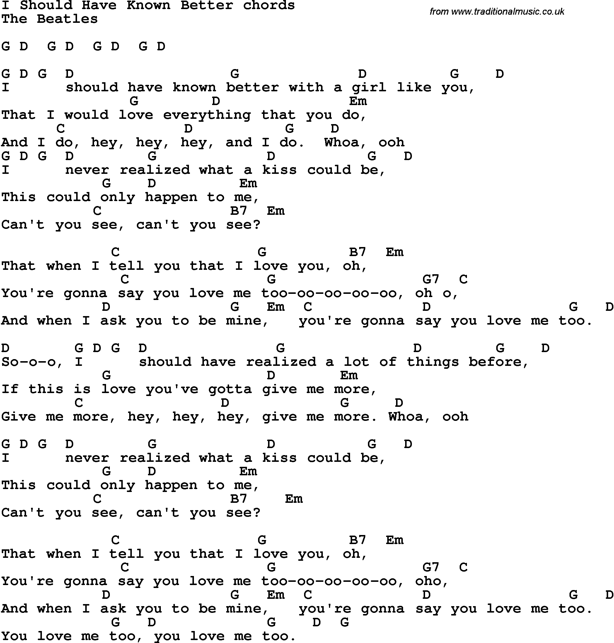Song Lyrics with guitar chords for I Should Have Known Better