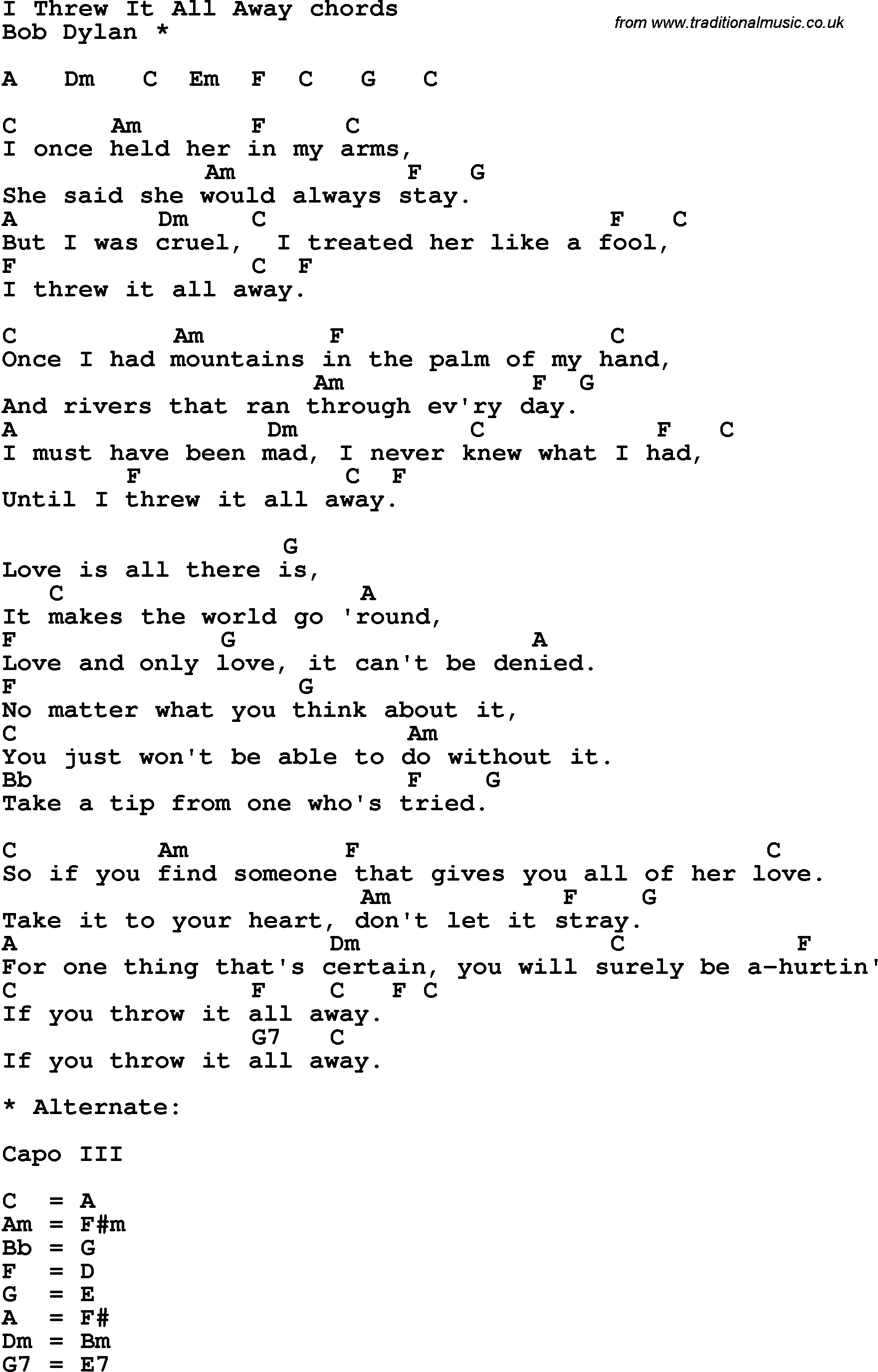 Song Lyrics with guitar chords for I Threw It All Away