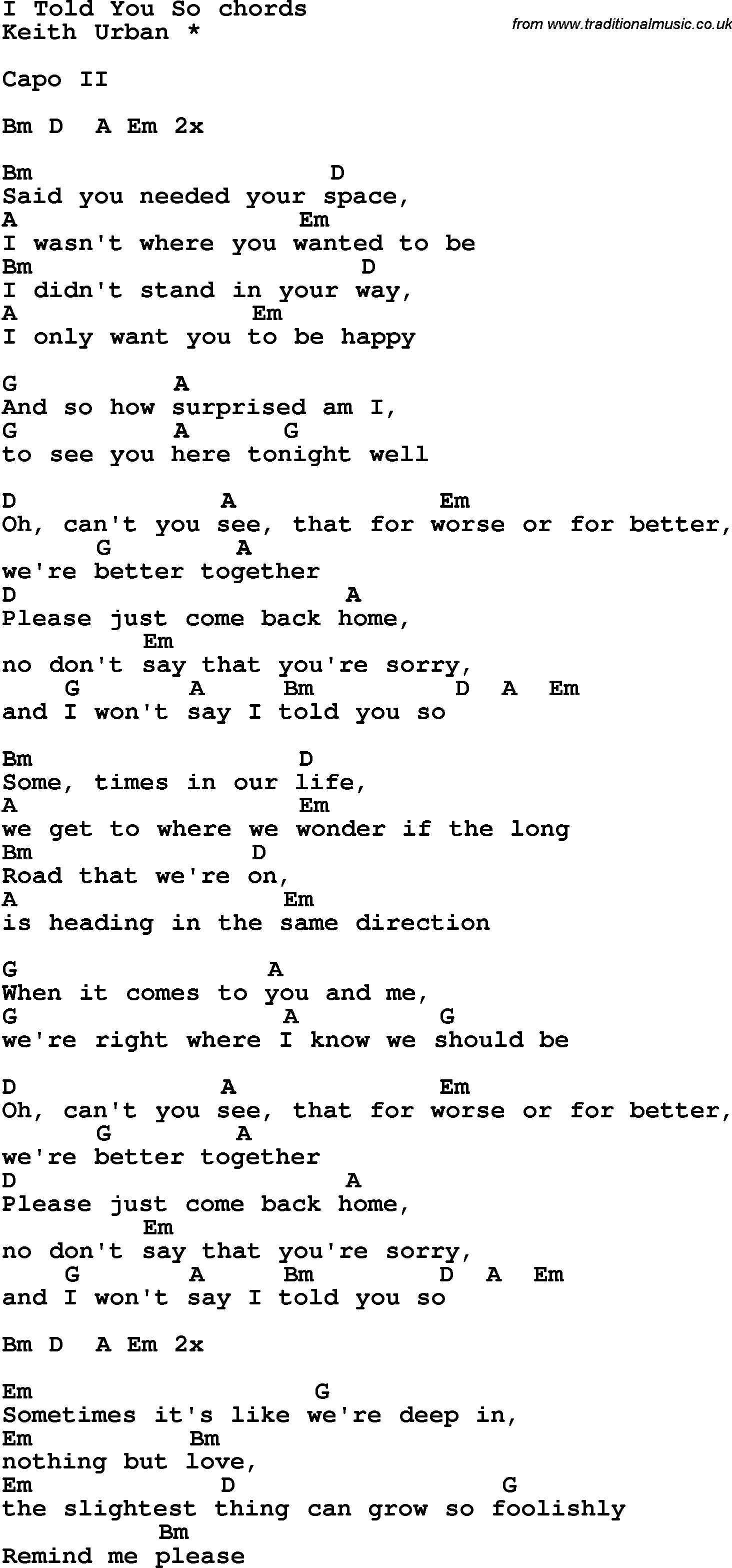 Song Lyrics with guitar chords for I Told You So