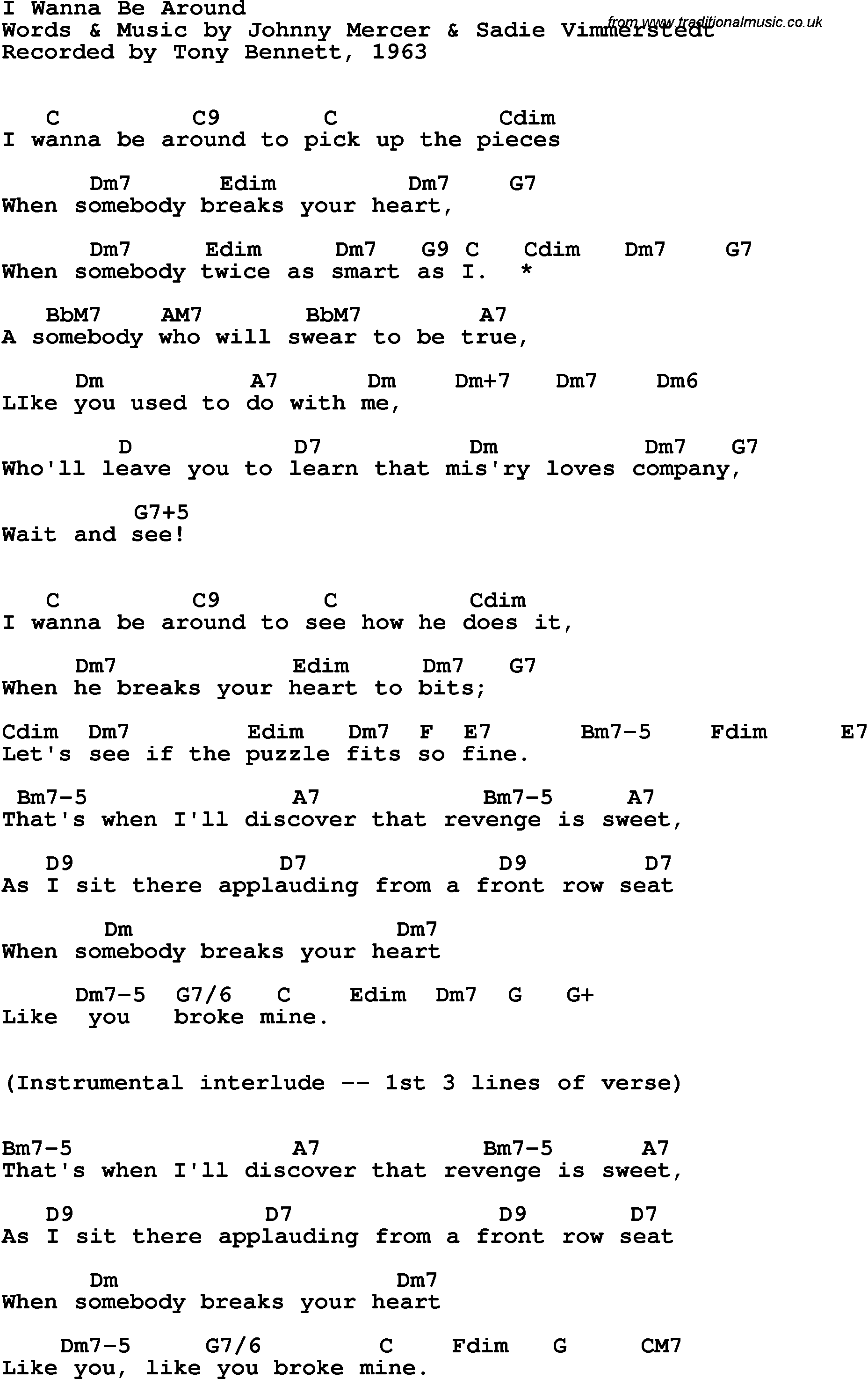 Song Lyrics with guitar chords for I Wanna Be Around - Tony Bennett, 1962