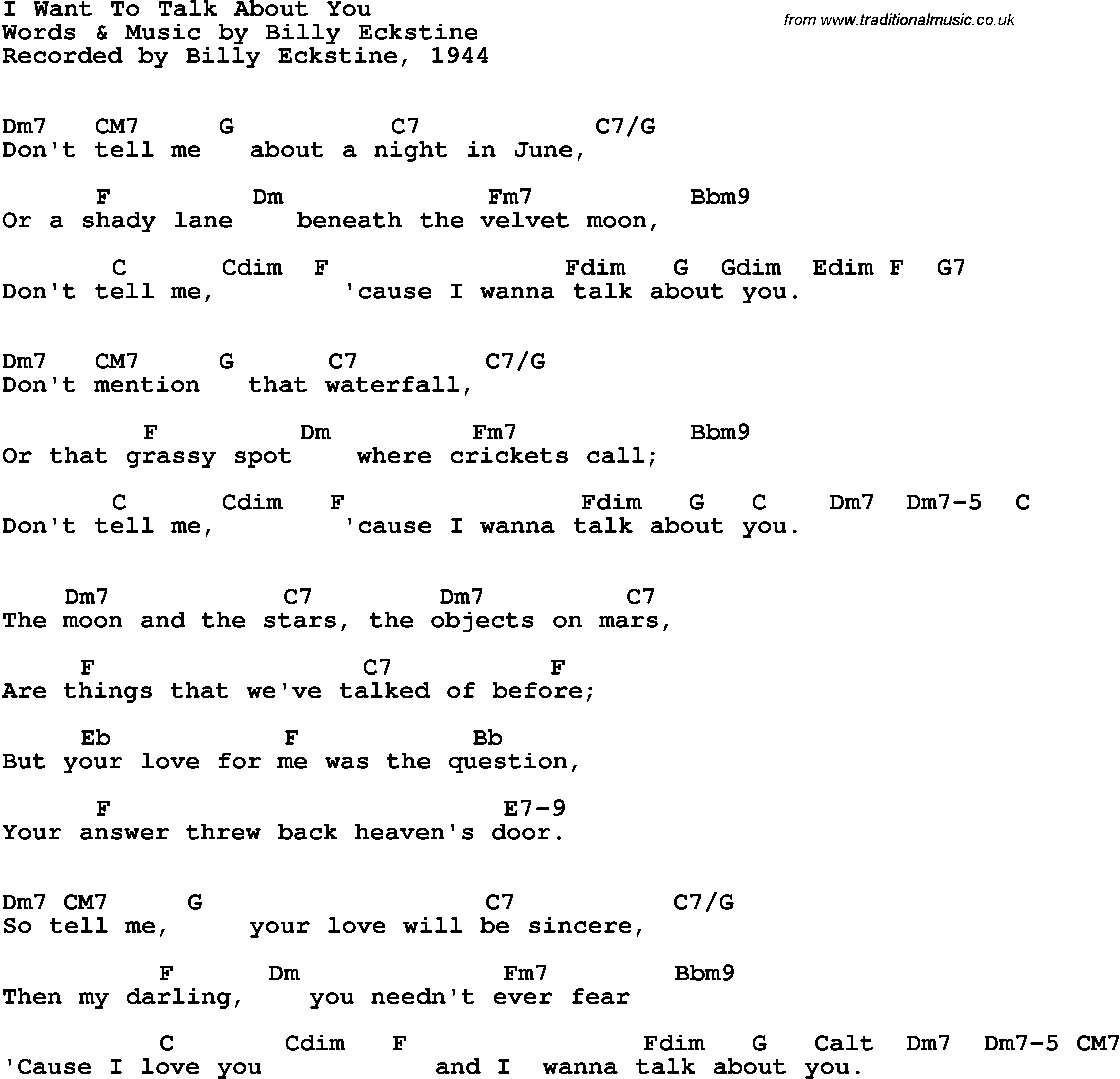 Song Lyrics with guitar chords for I Want To Talk About You - Billy Eckstine, 1944