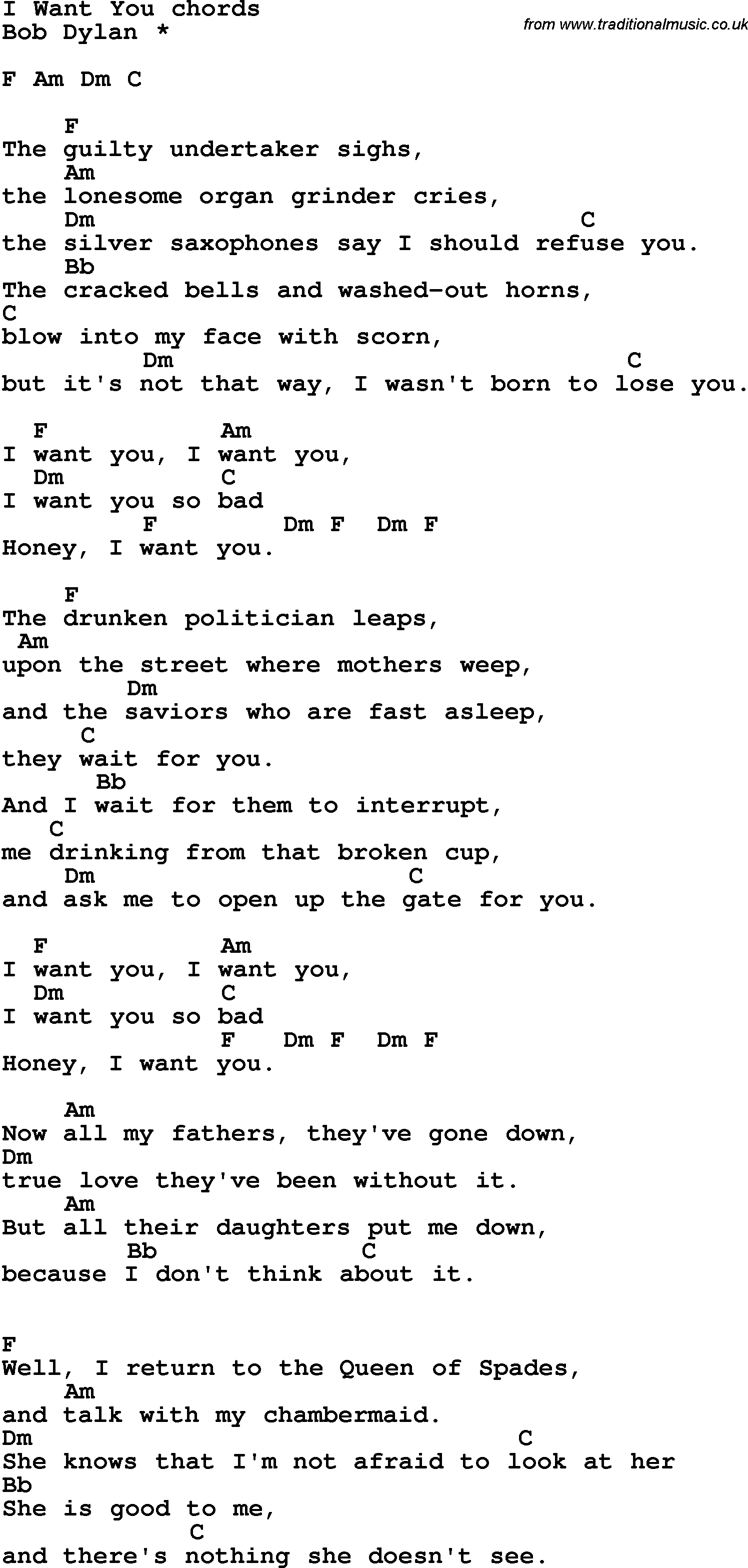 Song Lyrics with guitar chords for I Want You
