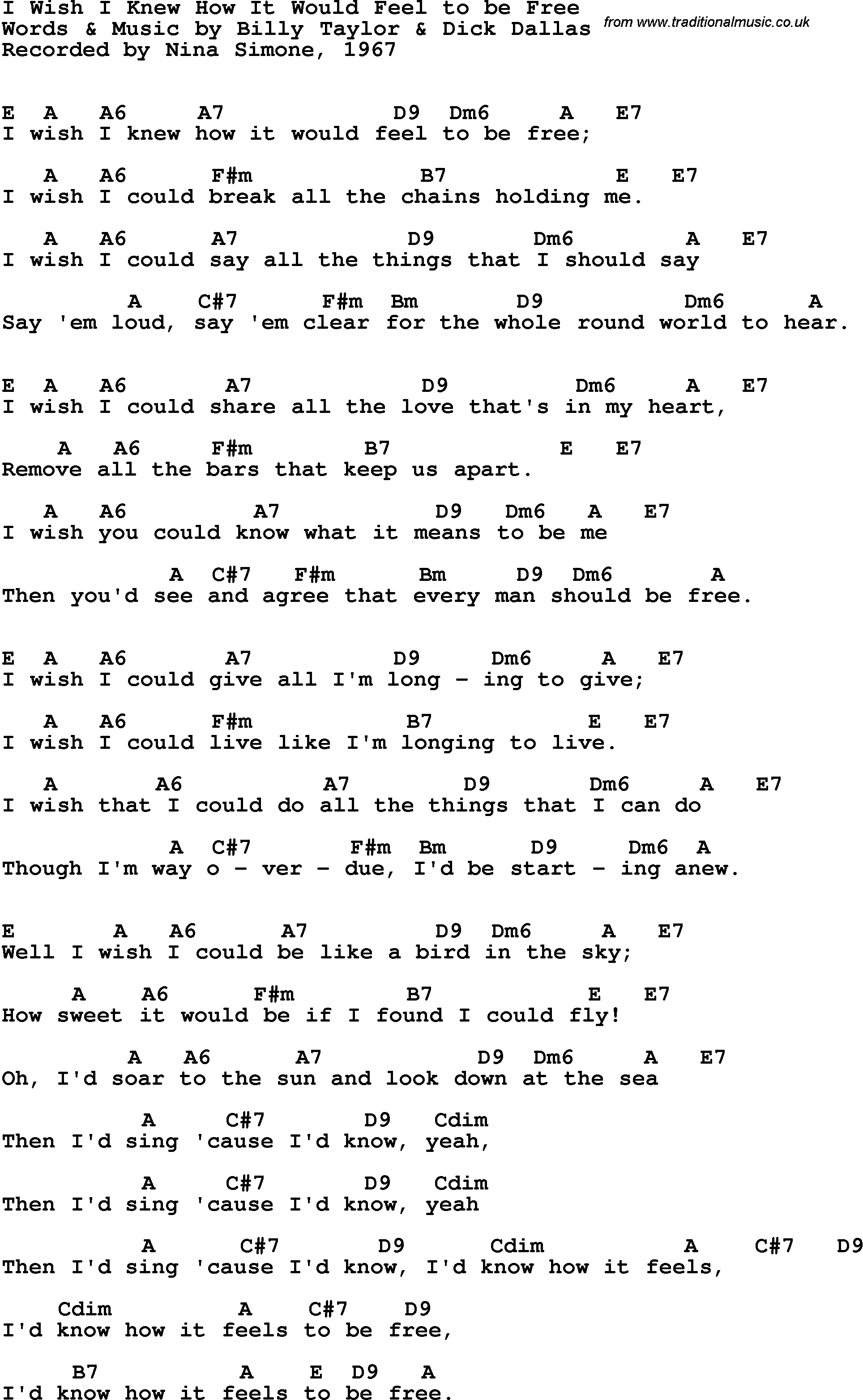 Song Lyrics with guitar chords for I Wish I Knew How It Would Feel To Be Free - Nina Simone, 1967