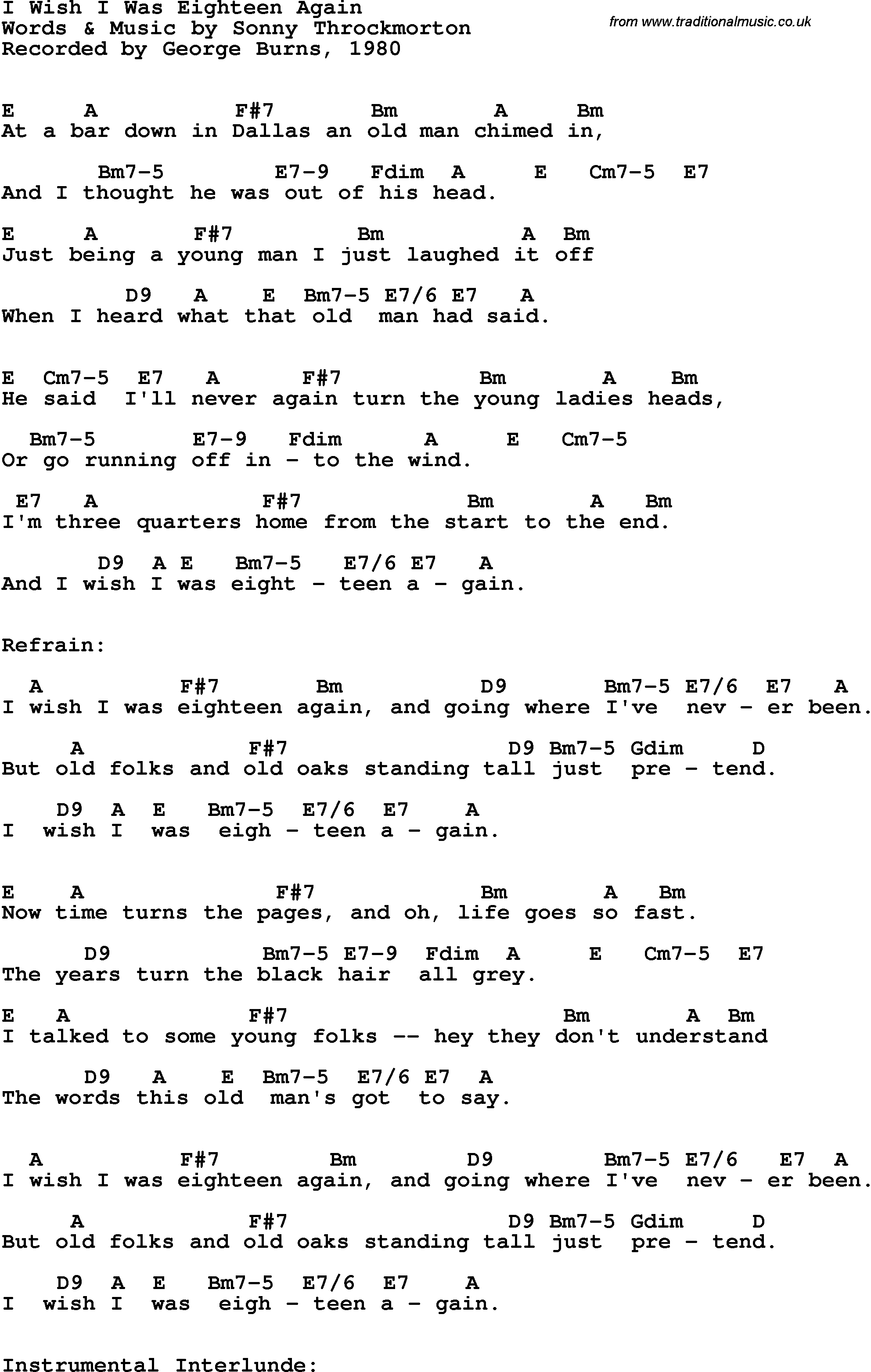 Song Lyrics with guitar chords for I Wish I Was Eighteen Again - George Burns, 1980