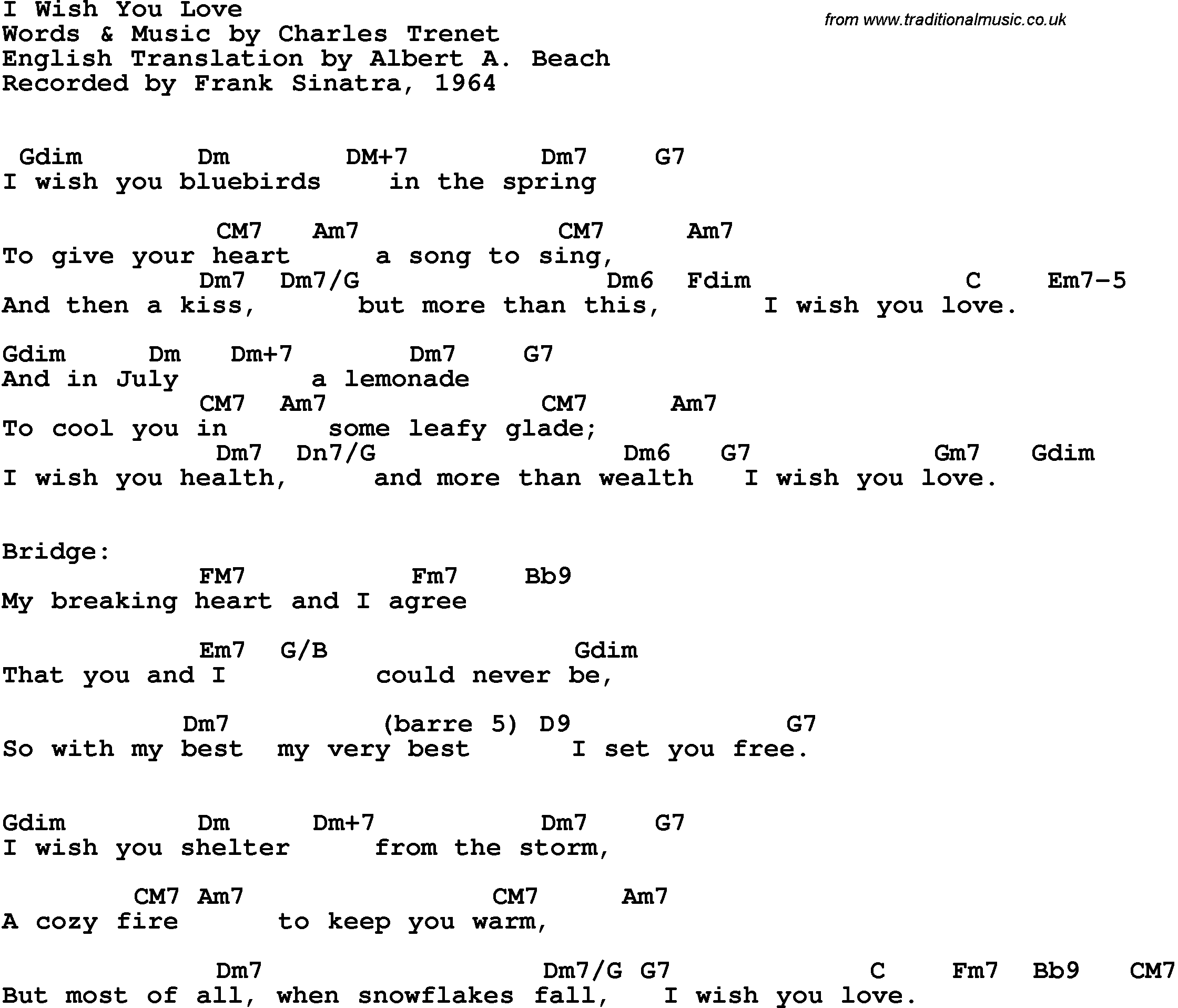 Song Lyrics With Guitar Chords For I Wish You Love Frank Sinatra