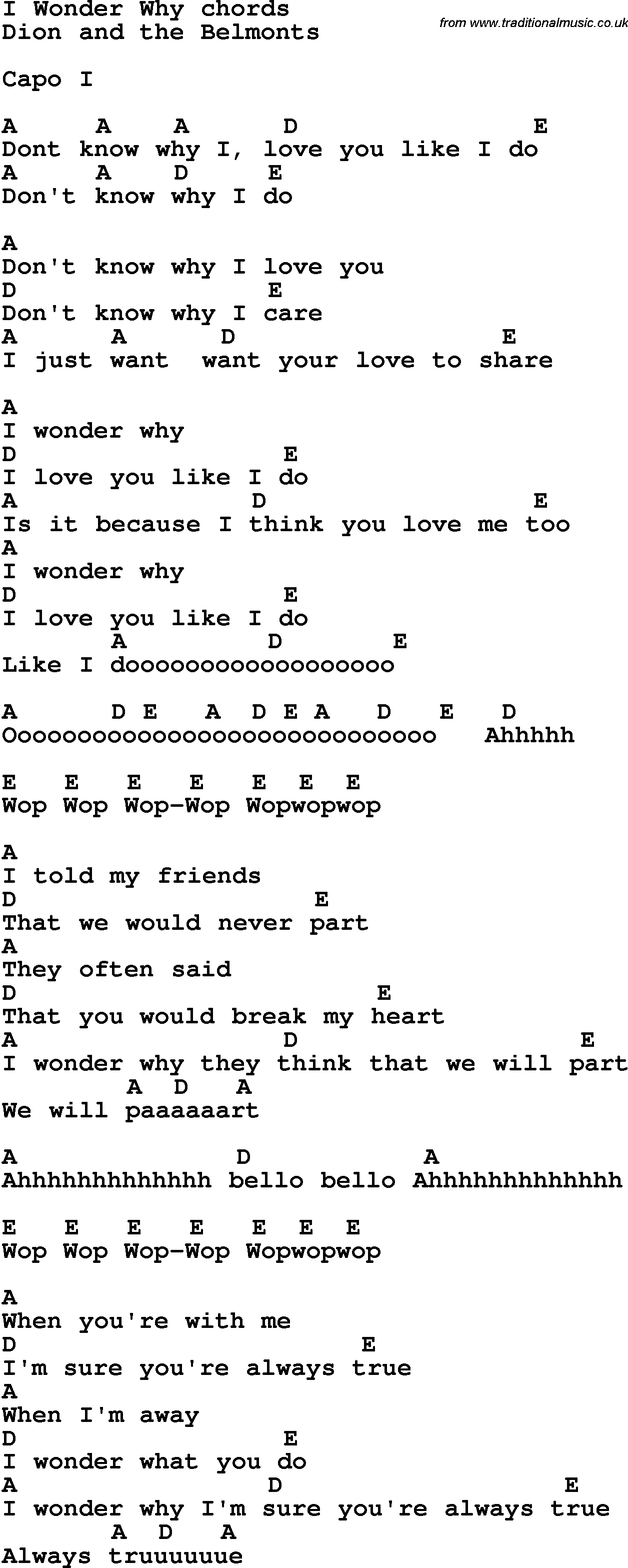 Song Lyrics with guitar chords for I Wonder Why