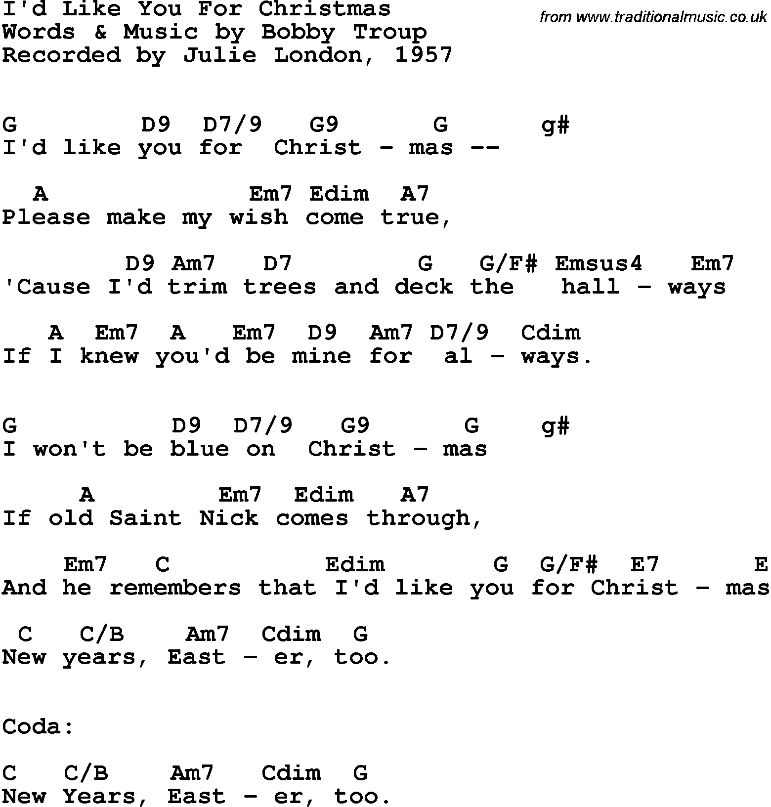 Song Lyrics with guitar chords for I'd Like You For Christmas - Julie London, 1957
