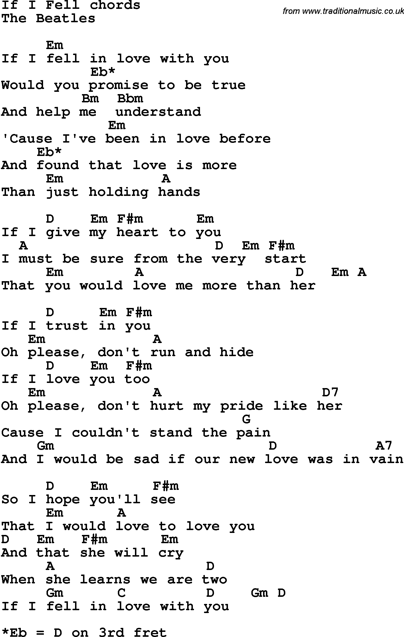 Song Lyrics with guitar chords for If I Fell - The Beatles