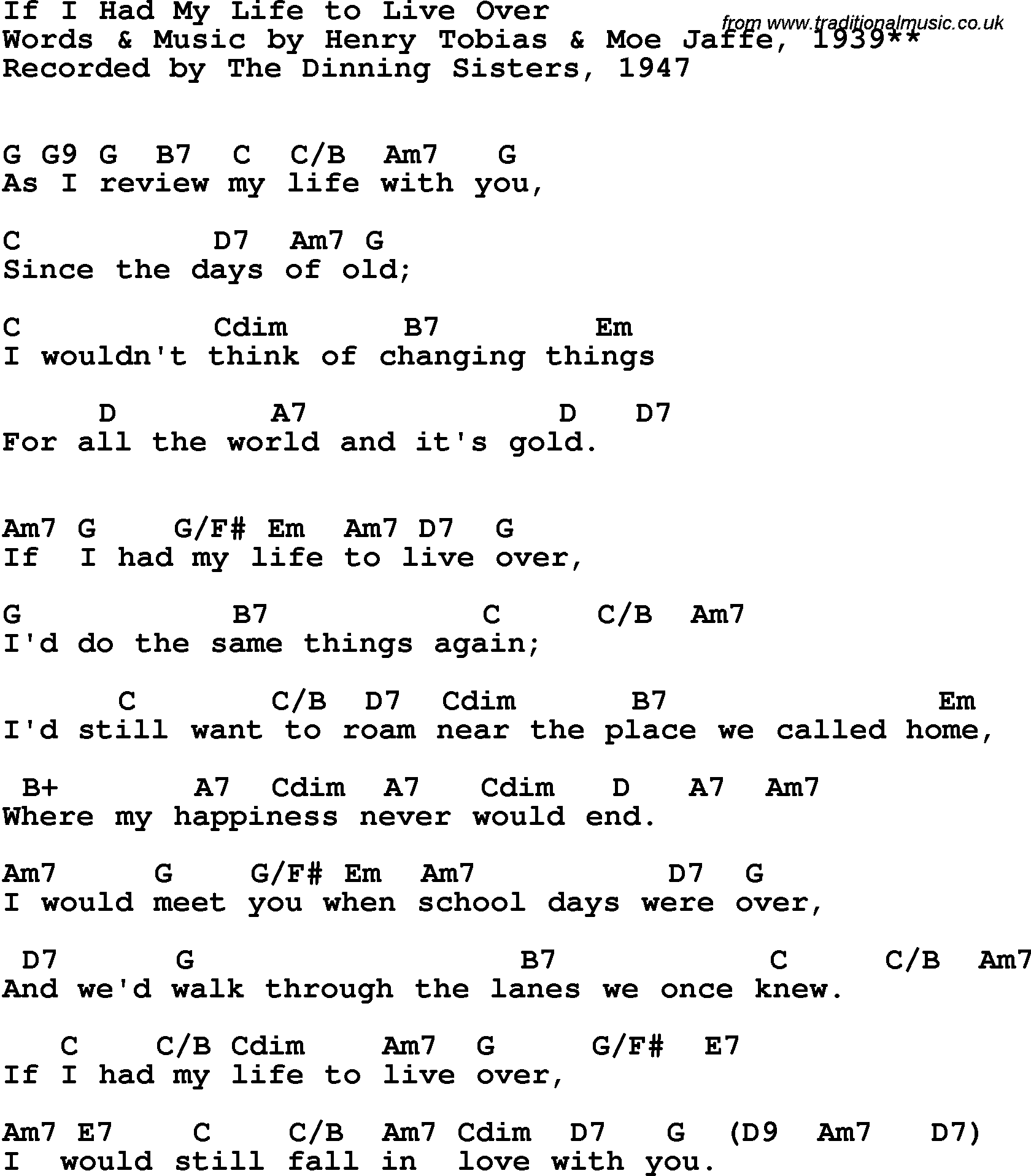 Song Lyrics with guitar chords for If I Had My Life To Live Over - Dinning Sisters, 1947