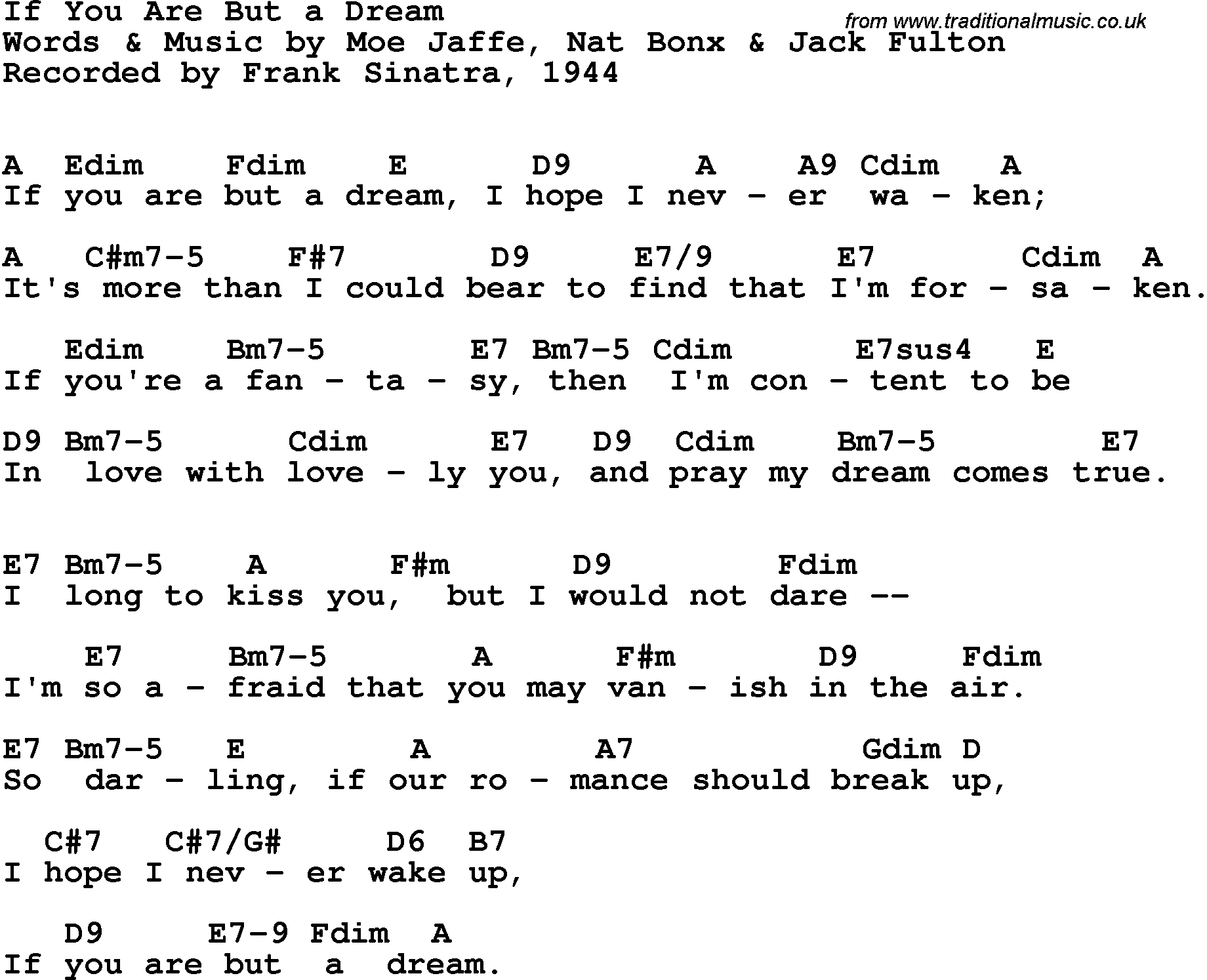 Song Lyrics with guitar chords for If You Are But A Dream - Frank Sinatra, 1944