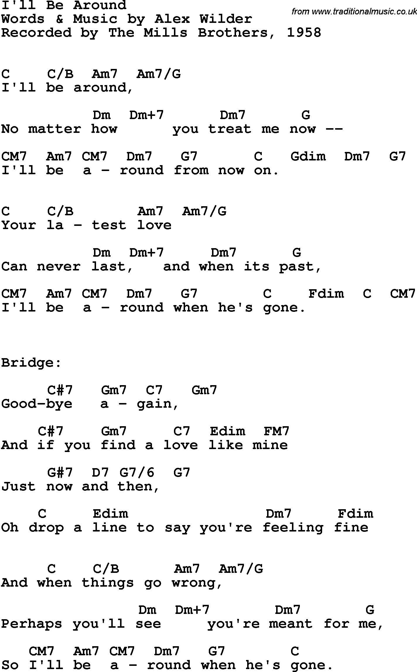 Song Lyrics with guitar chords for I'll Be Around - The Mills Brothers, 1958