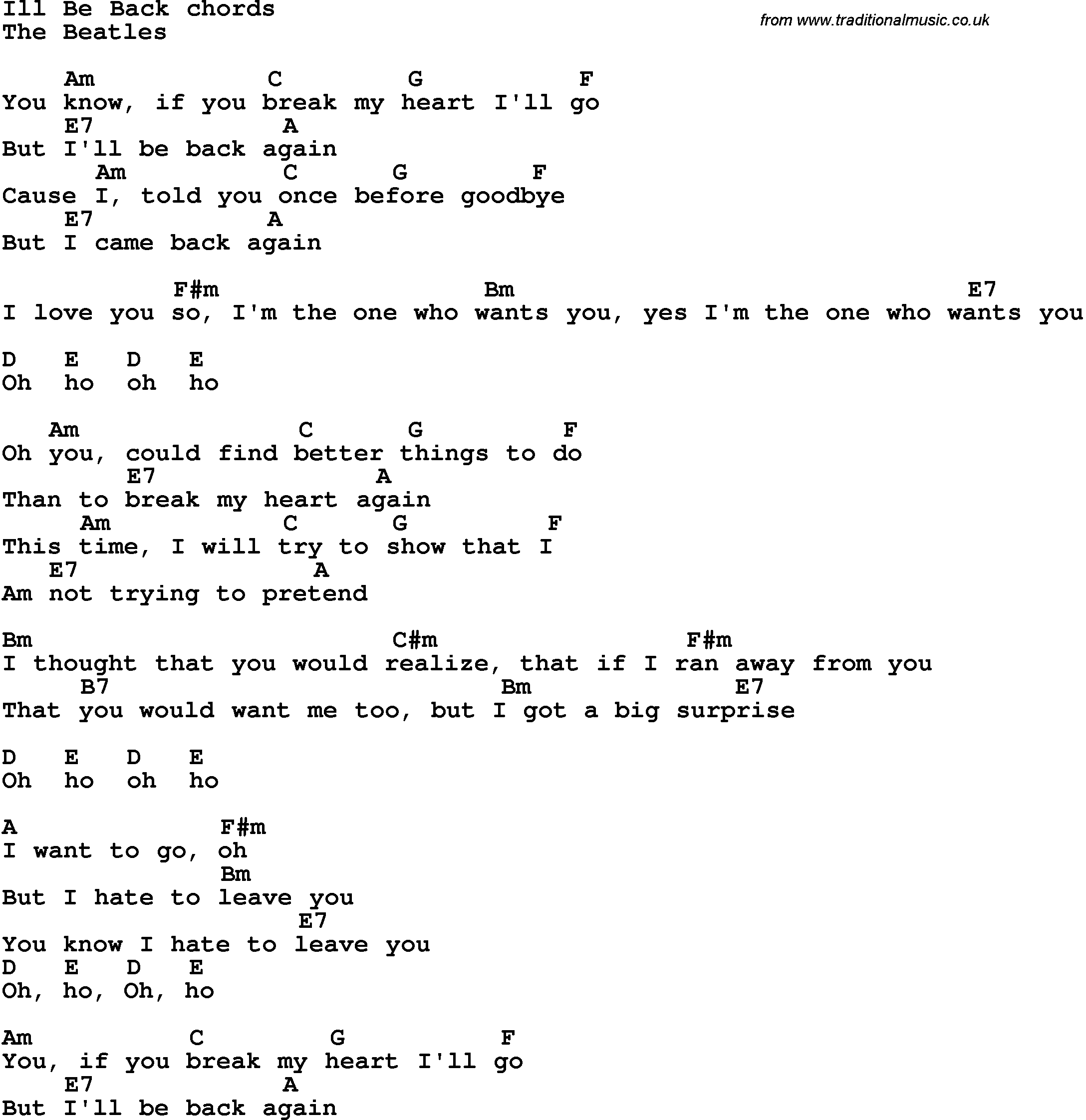 Song Lyrics with guitar chords for I'll Be Back - The Beatles