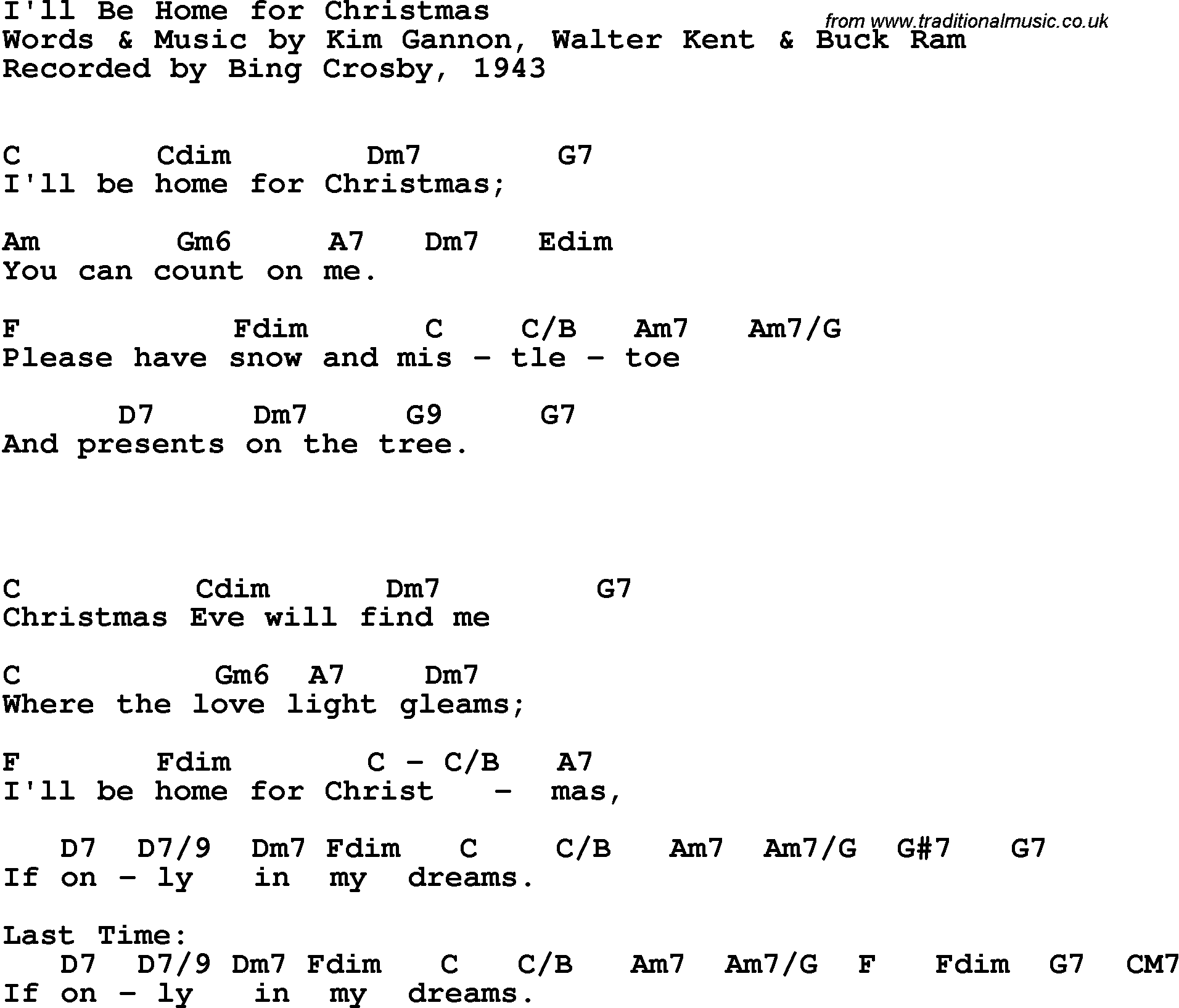 Song Lyrics with guitar chords for I'll Be Home For Christmas - Bing Crosby, 1943