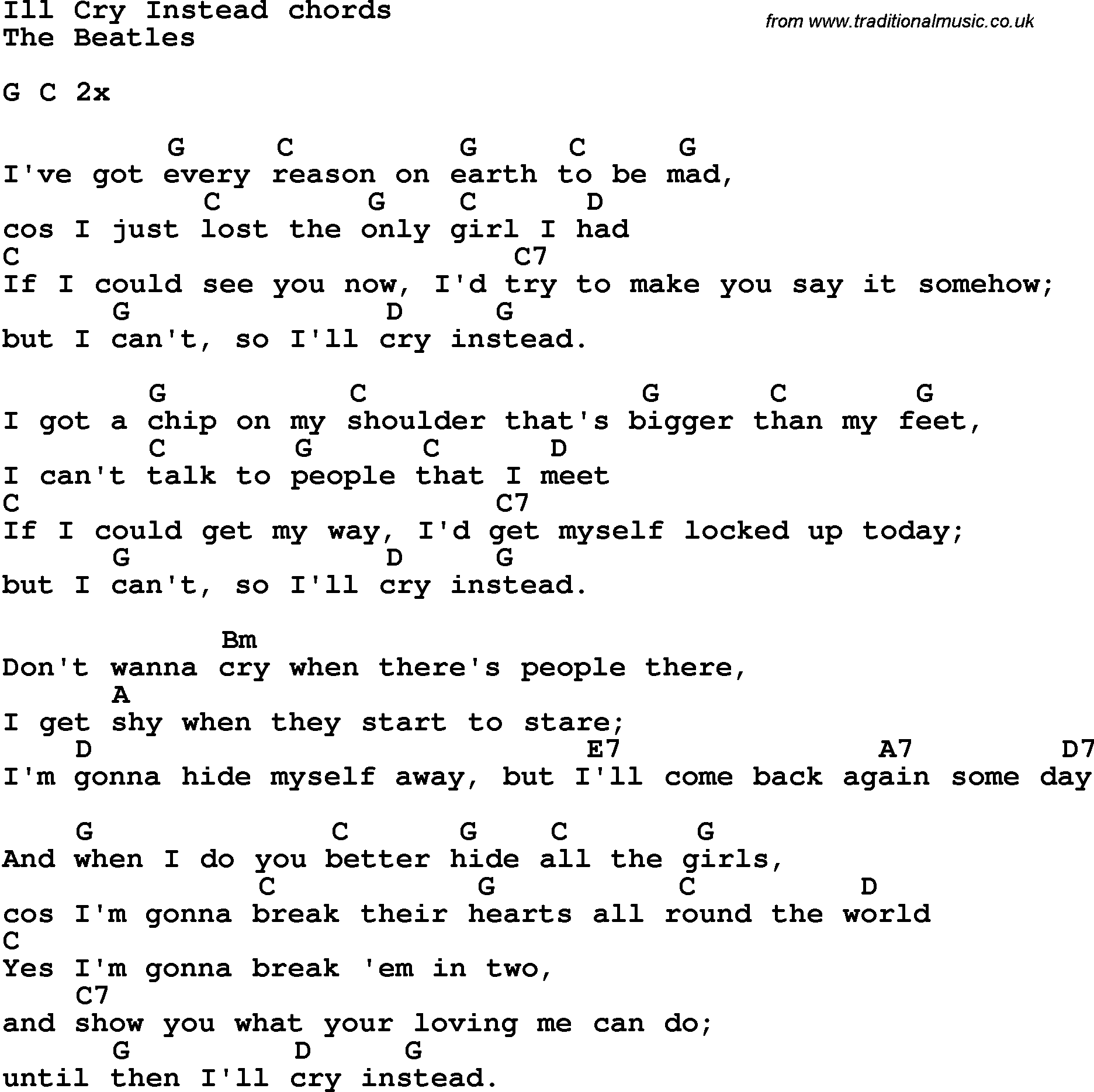 Song Lyrics with guitar chords for I'll Cry Instead - The Beatles