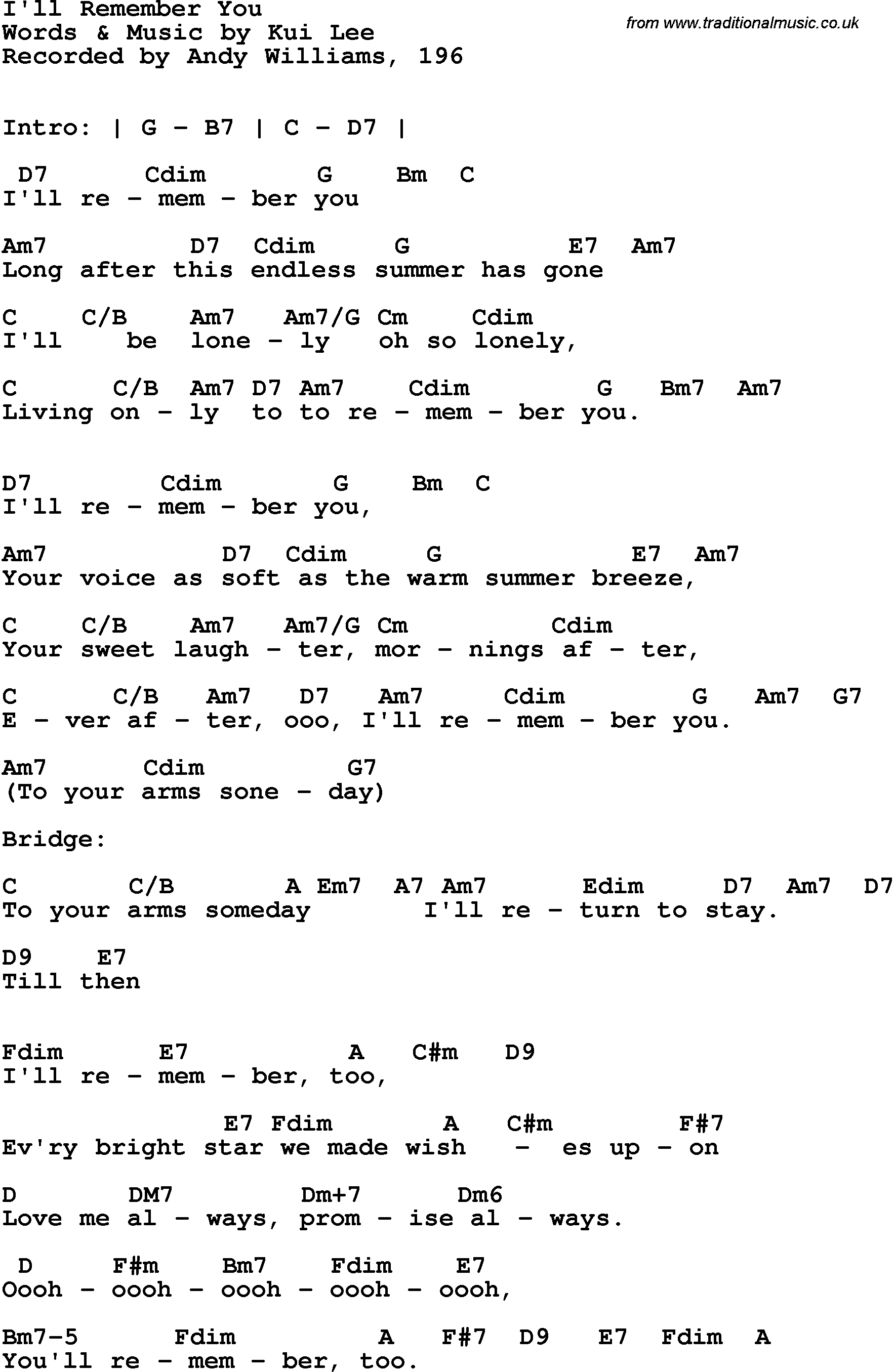 Song Lyrics with guitar chords for I'll Remember You - Andy Williams, 1966