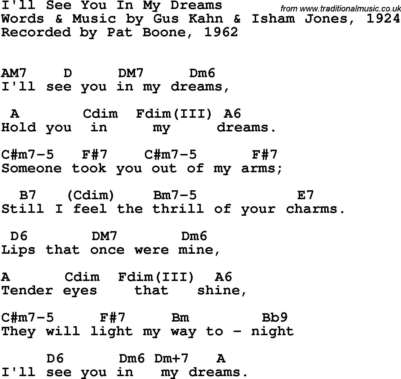 Song lyrics with guitar chords for I'll See You In My Dreams - Pat Boo...