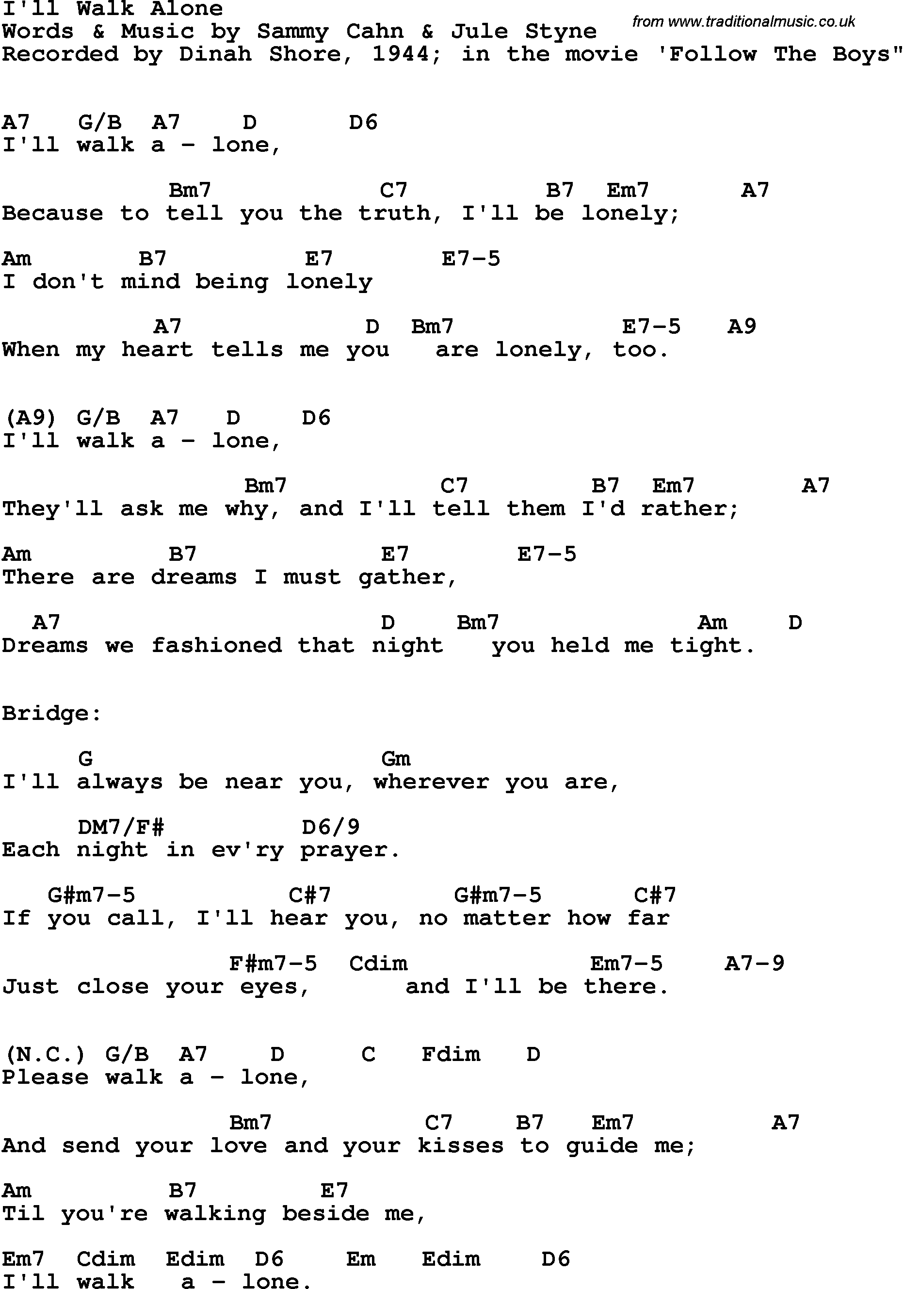 Song Lyrics with guitar chords for I'll Walk Alone - Dinah Shore, 1944