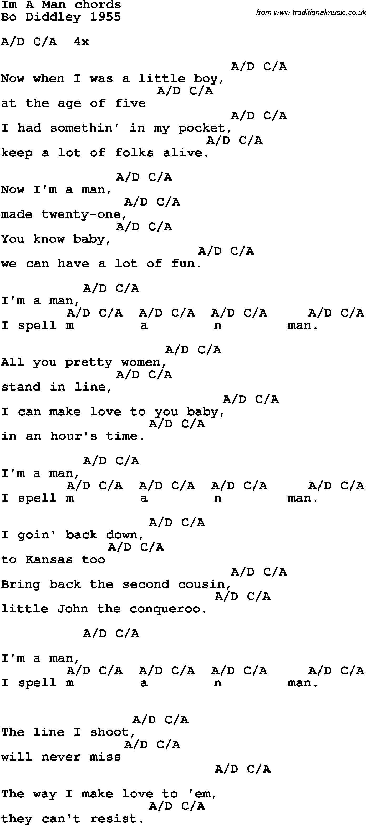 Song Lyrics with guitar chords for I'm A Man - Bo Diddley 1955