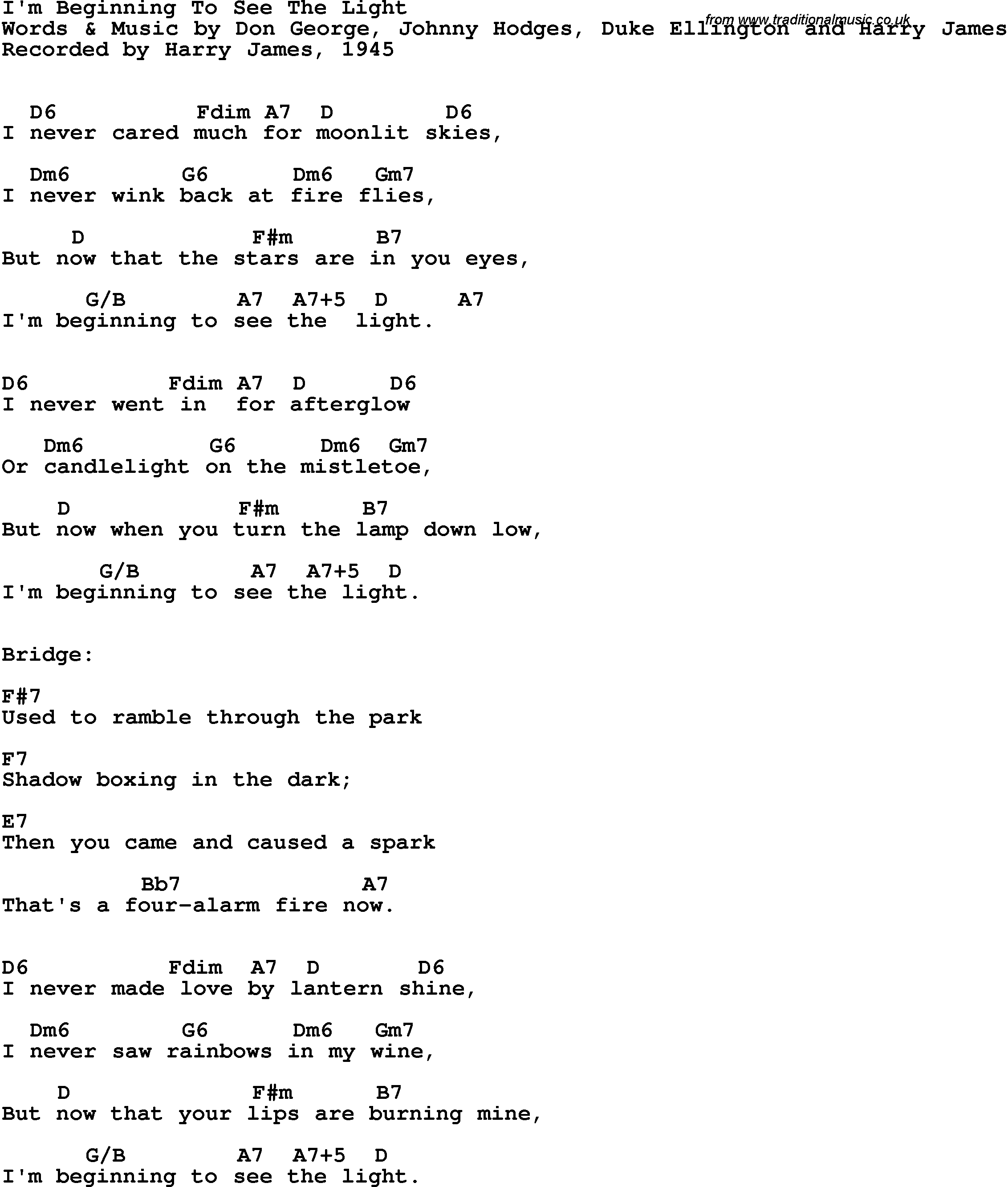 Song Lyrics with guitar chords for I'm Beginning To See The Light - Harry James, 1945