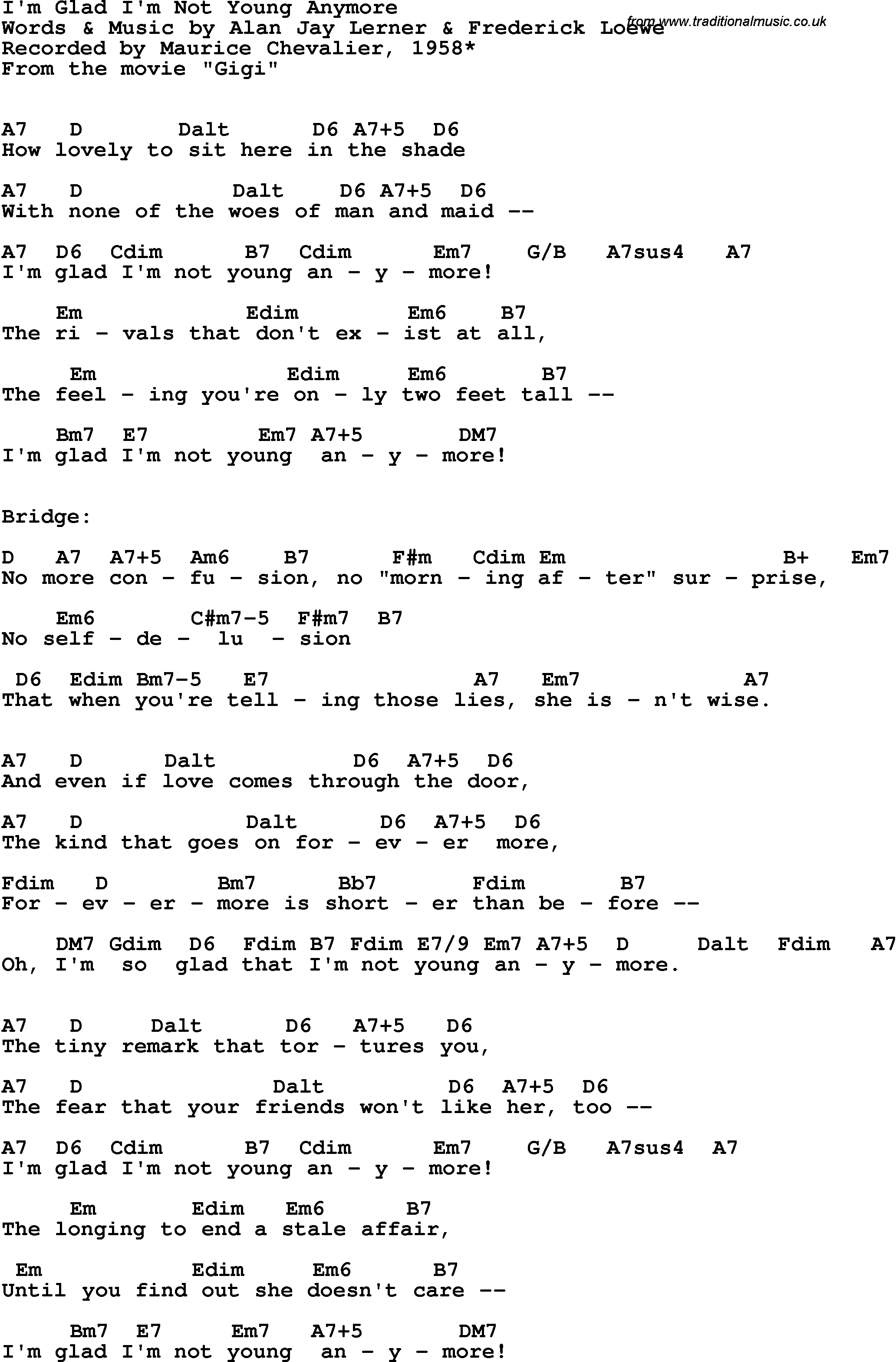 Song Lyrics with guitar chords for I'm Glad I'm Not Young Anymore - Maurice Chevalier, 1958