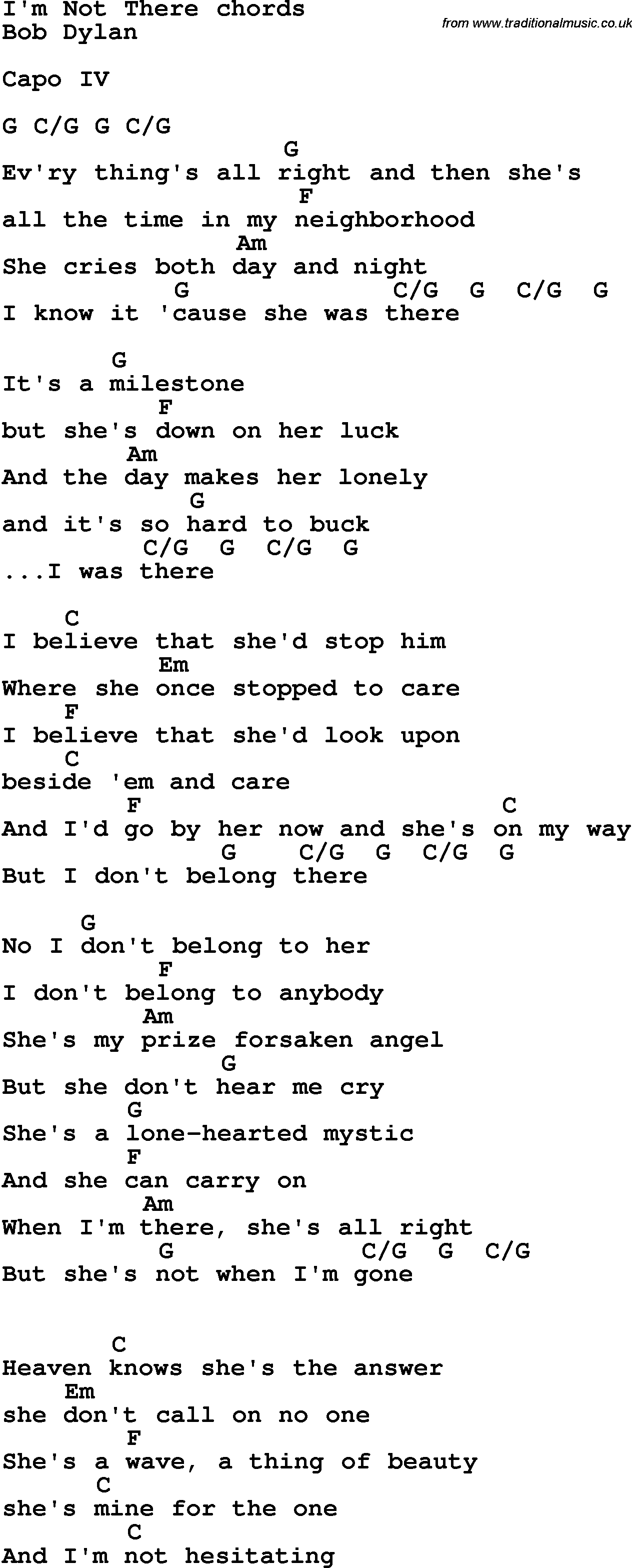 Song Lyrics with guitar chords for I'm Not There