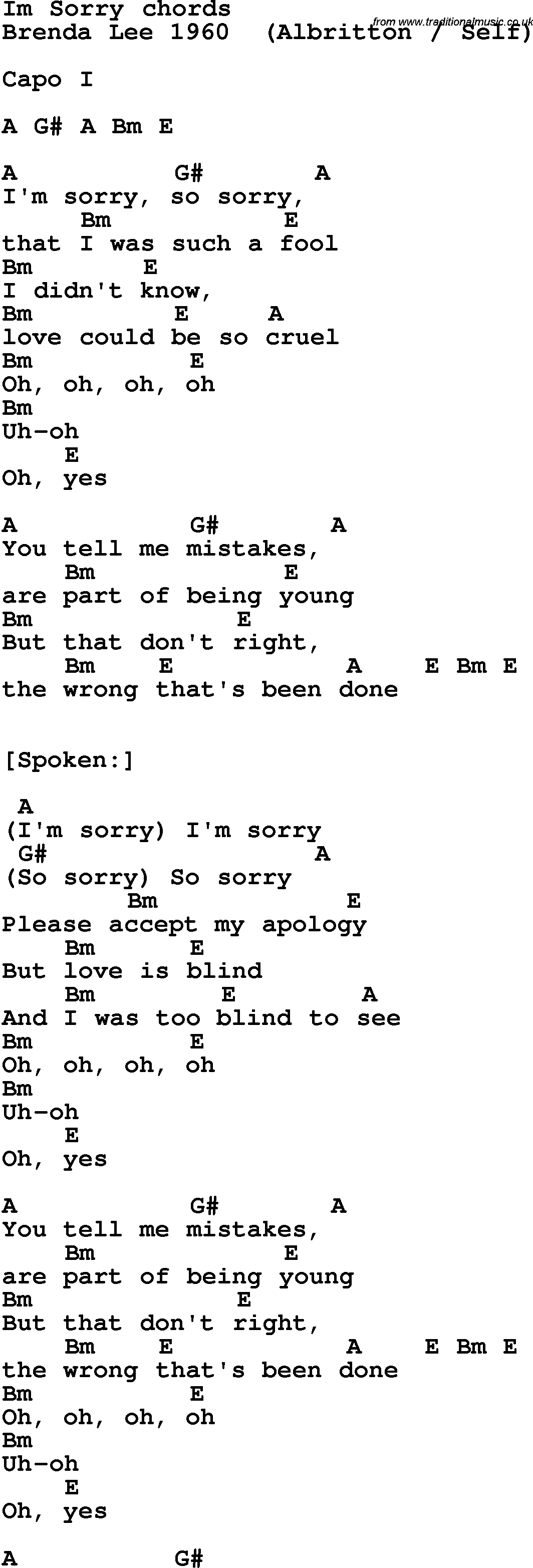 Song Lyrics with guitar chords for I'm Sorry