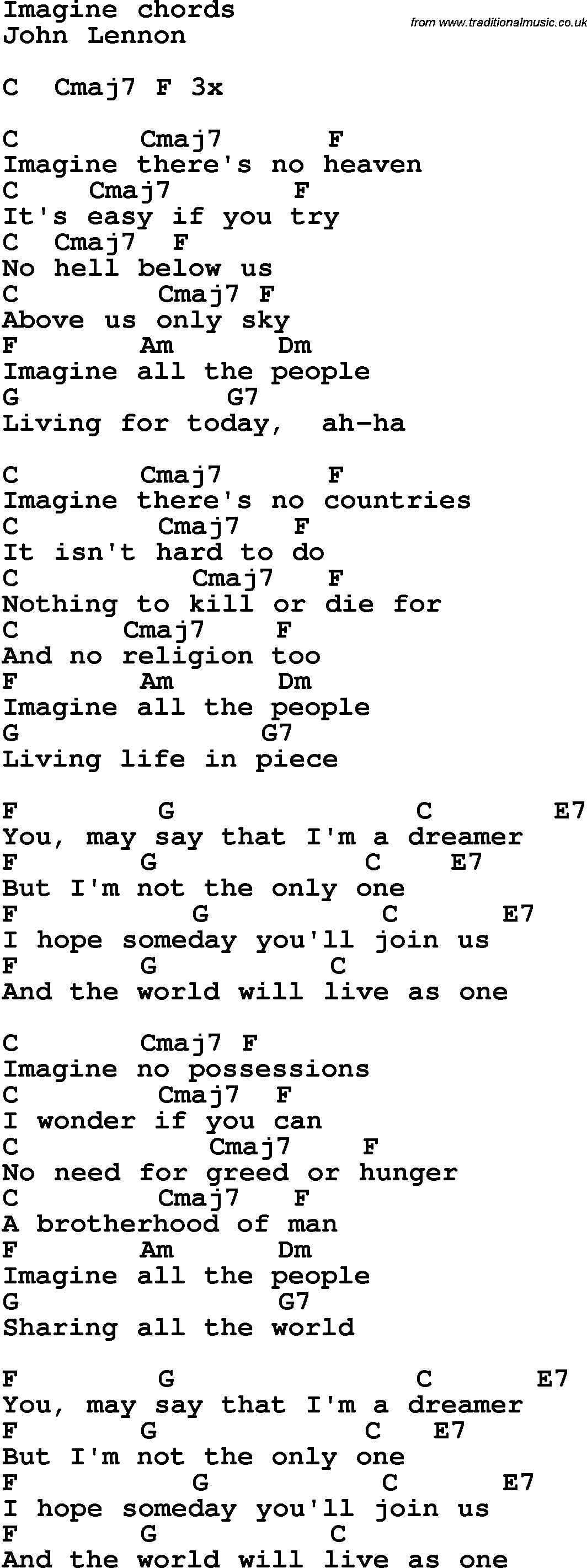 Song Lyrics with guitar chords for Imagine - John Lennon