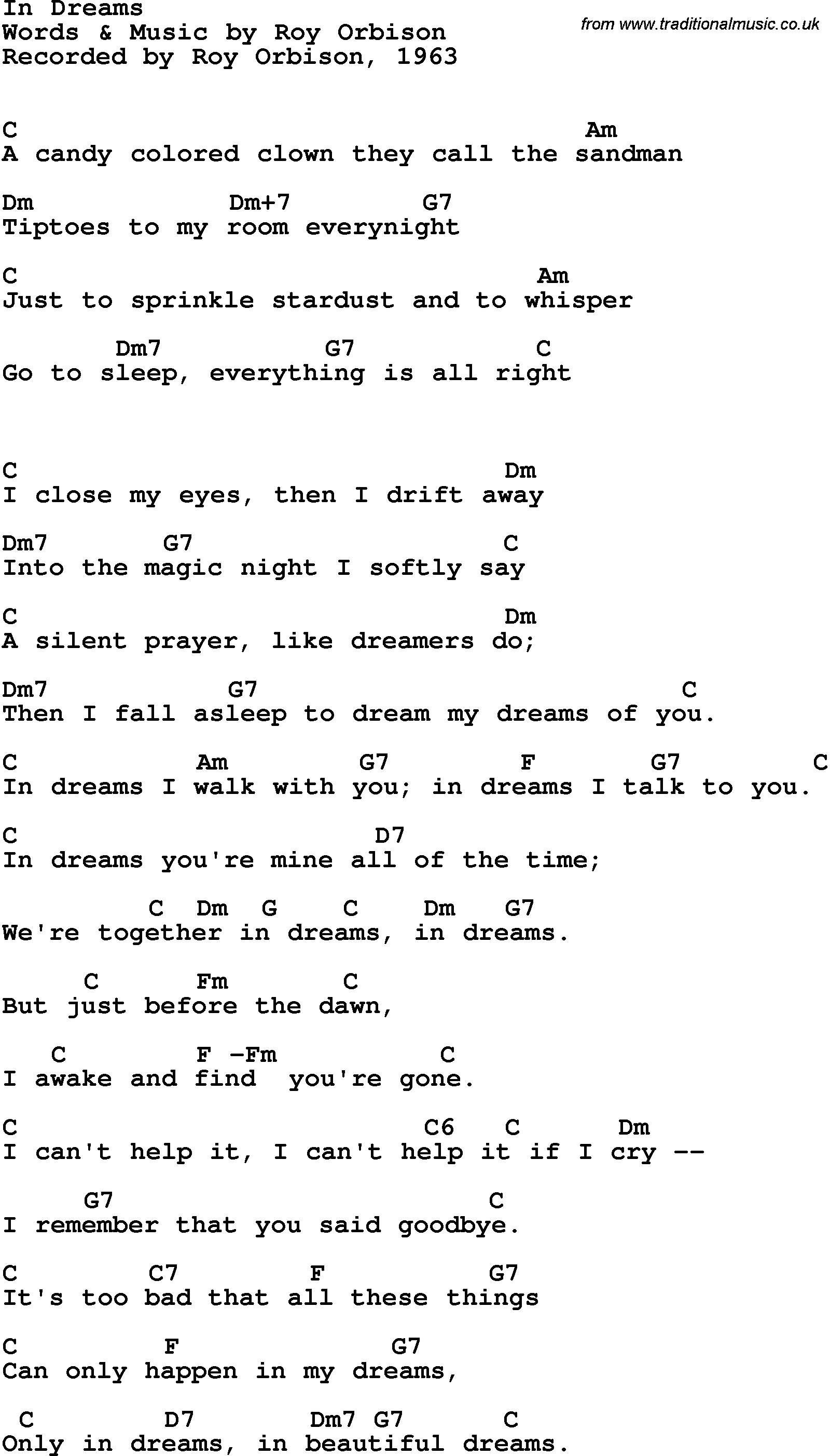 Song Lyrics with guitar chords for In Dreams - Roy Orbison, 1963