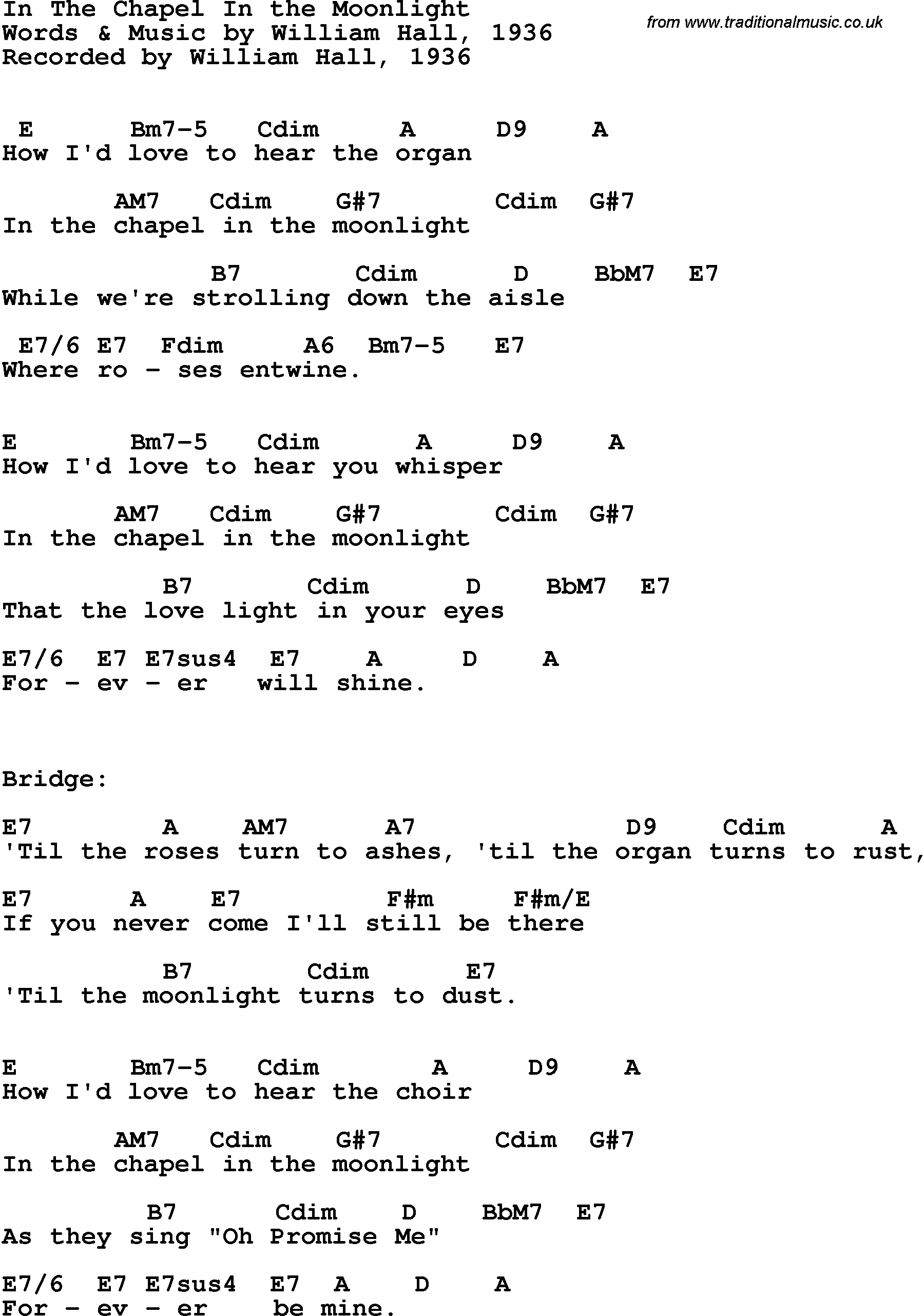 Song Lyrics with guitar chords for In The Chapel In The Moonlinght - Kitty Kallen, 1954