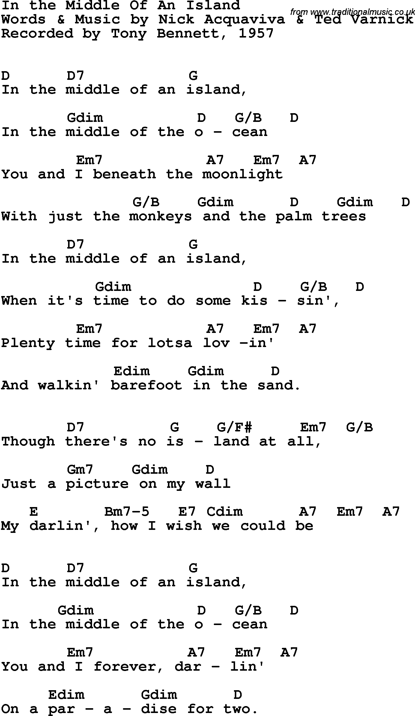 Song Lyrics with guitar chords for In The Middle Of An Island - Tony Bennett, 1957