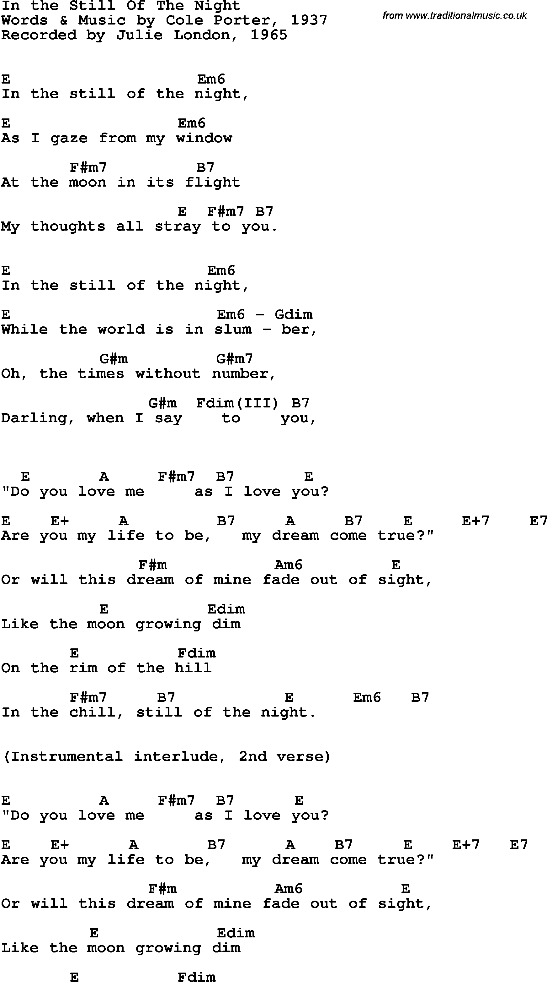 Song Lyrics with guitar chords for In The Still Of The Night -julie London, 1965