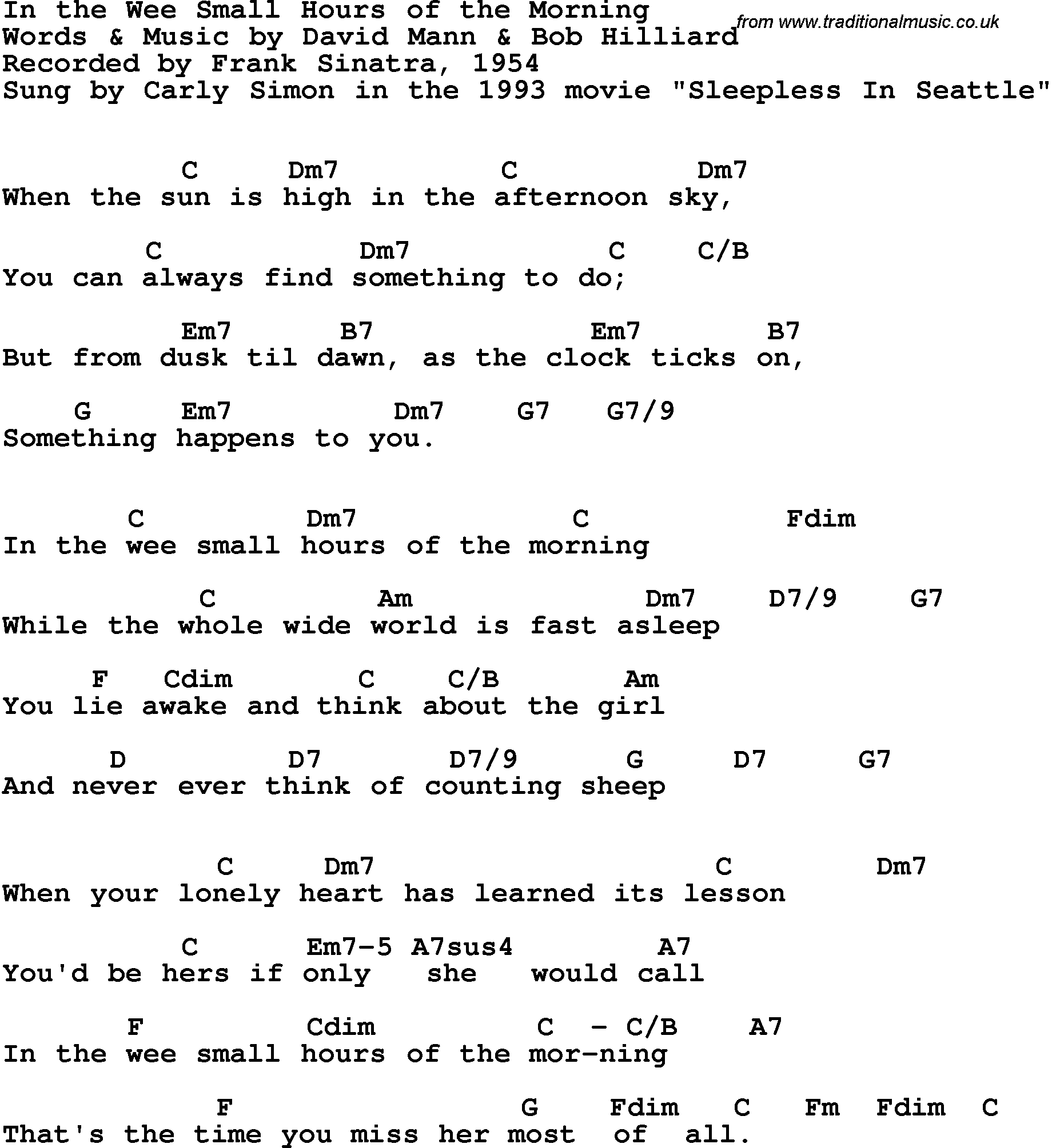 Song Lyrics with guitar chords for In The Wee Small Hours Of The Morning  - Frank Sinatra, 1954