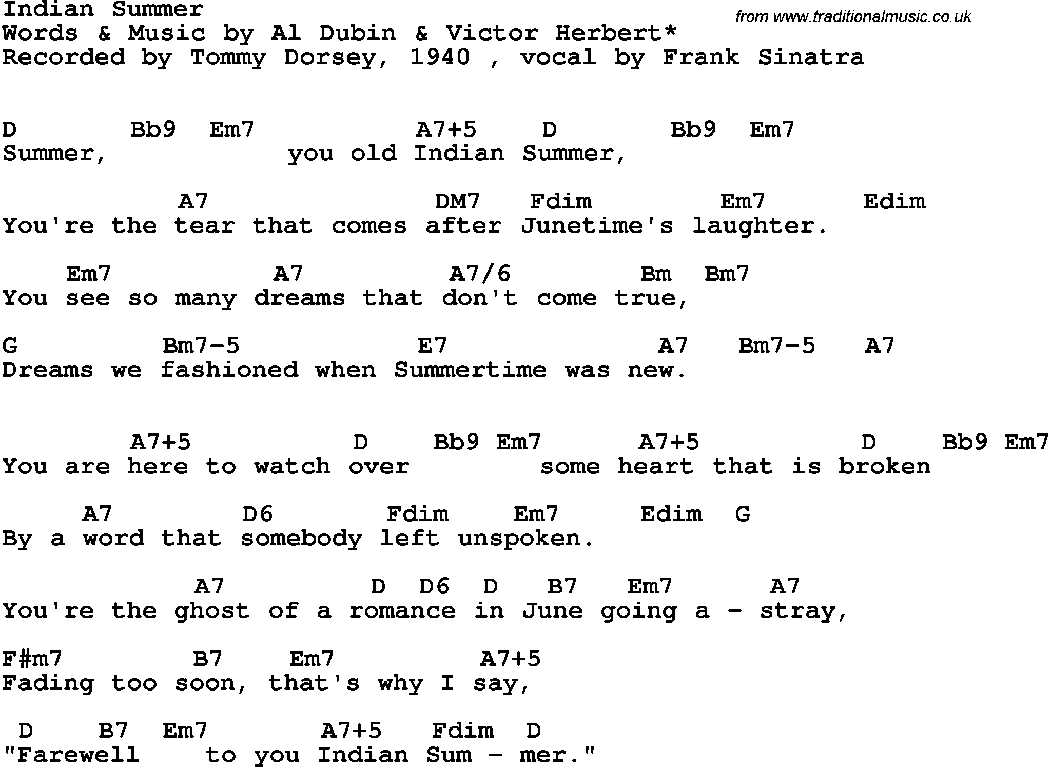 Song Lyrics with guitar chords for Indian Summer - Tommy Dorsey, 1940