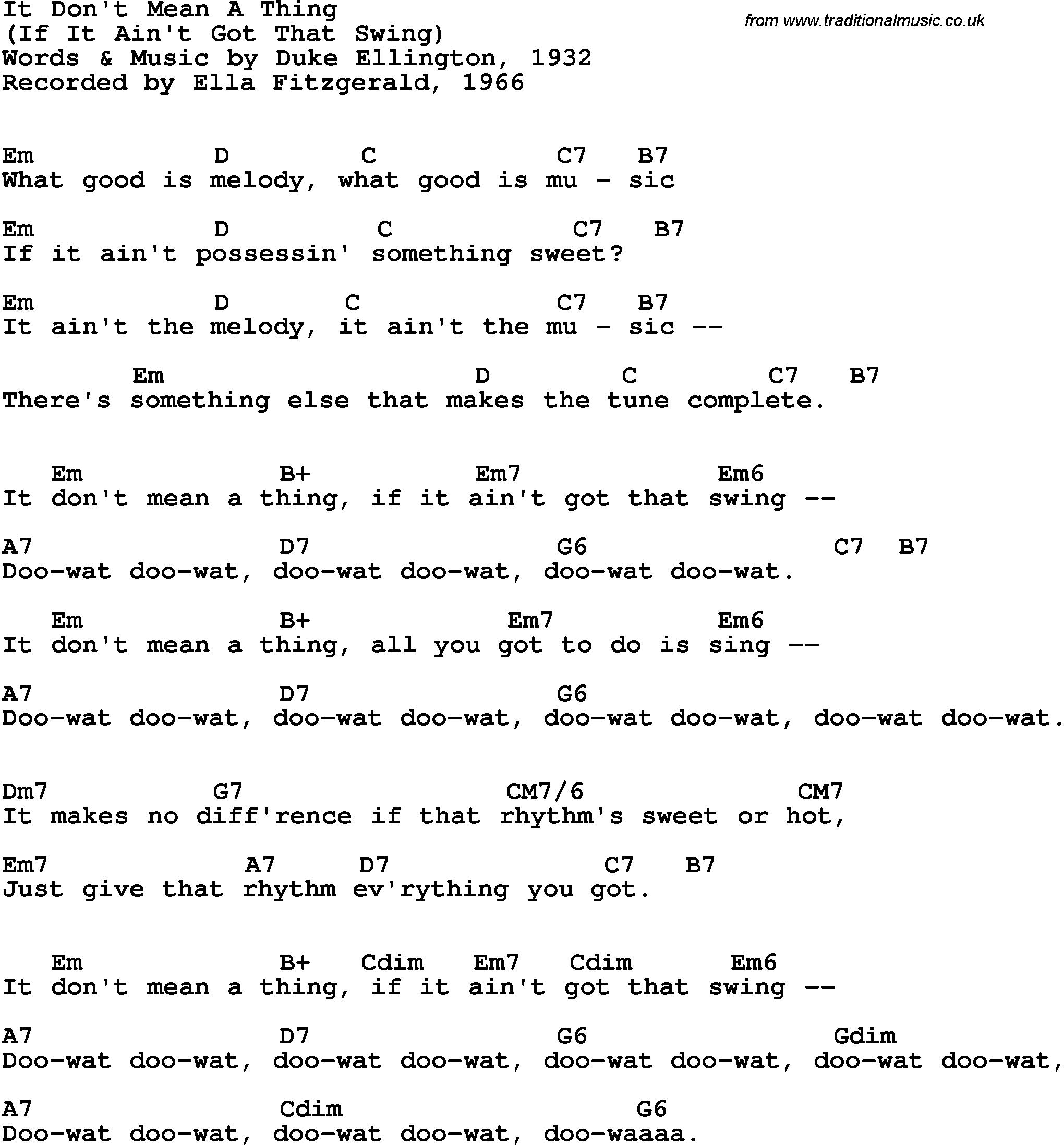 Song Lyrics with guitar chords for It Don't Mean A Thing - Ella Fitzgerald, 1966