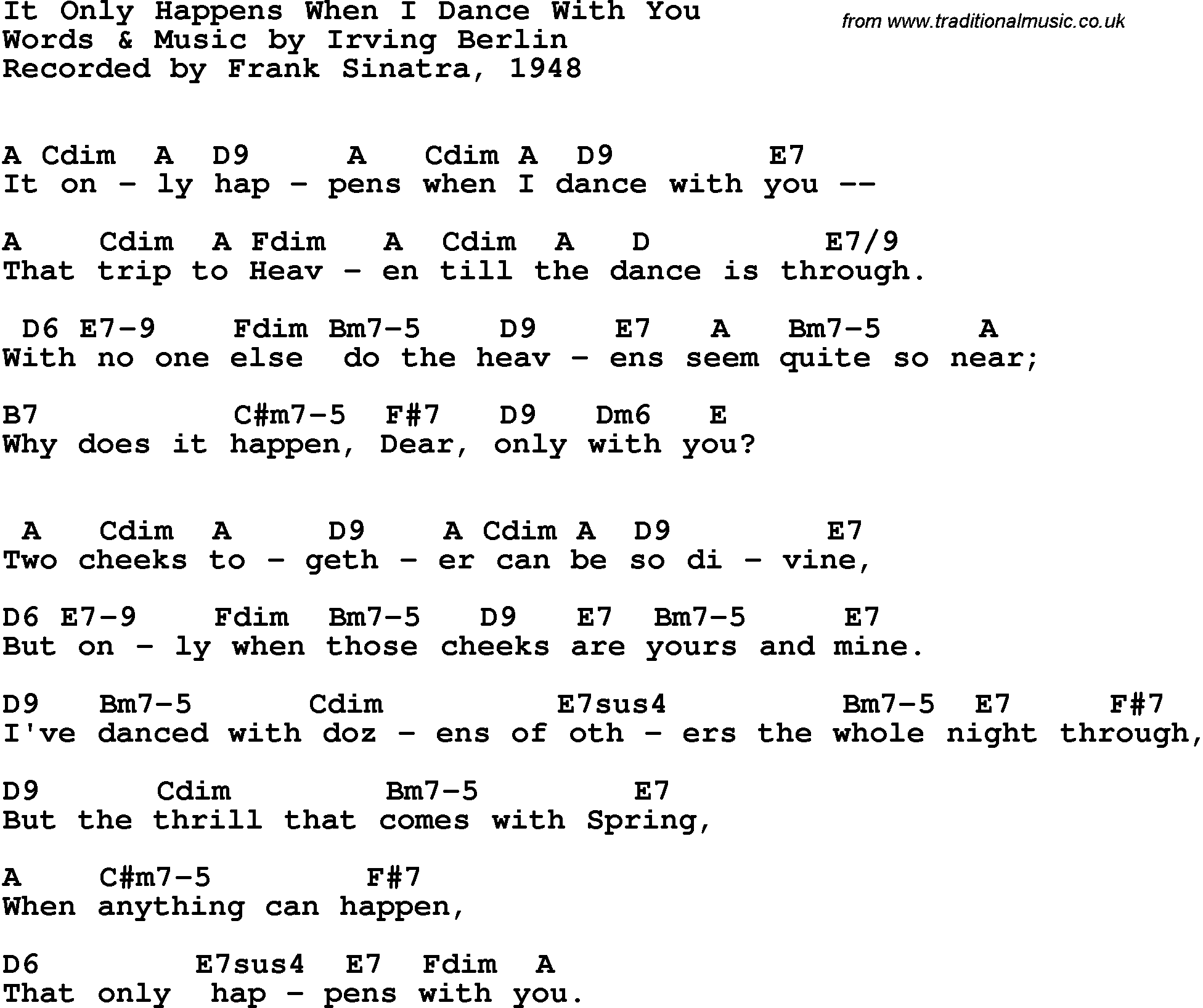 Song Lyrics with guitar chords for It Only Happens When I Dance With You - Frank Sinatra, 1948