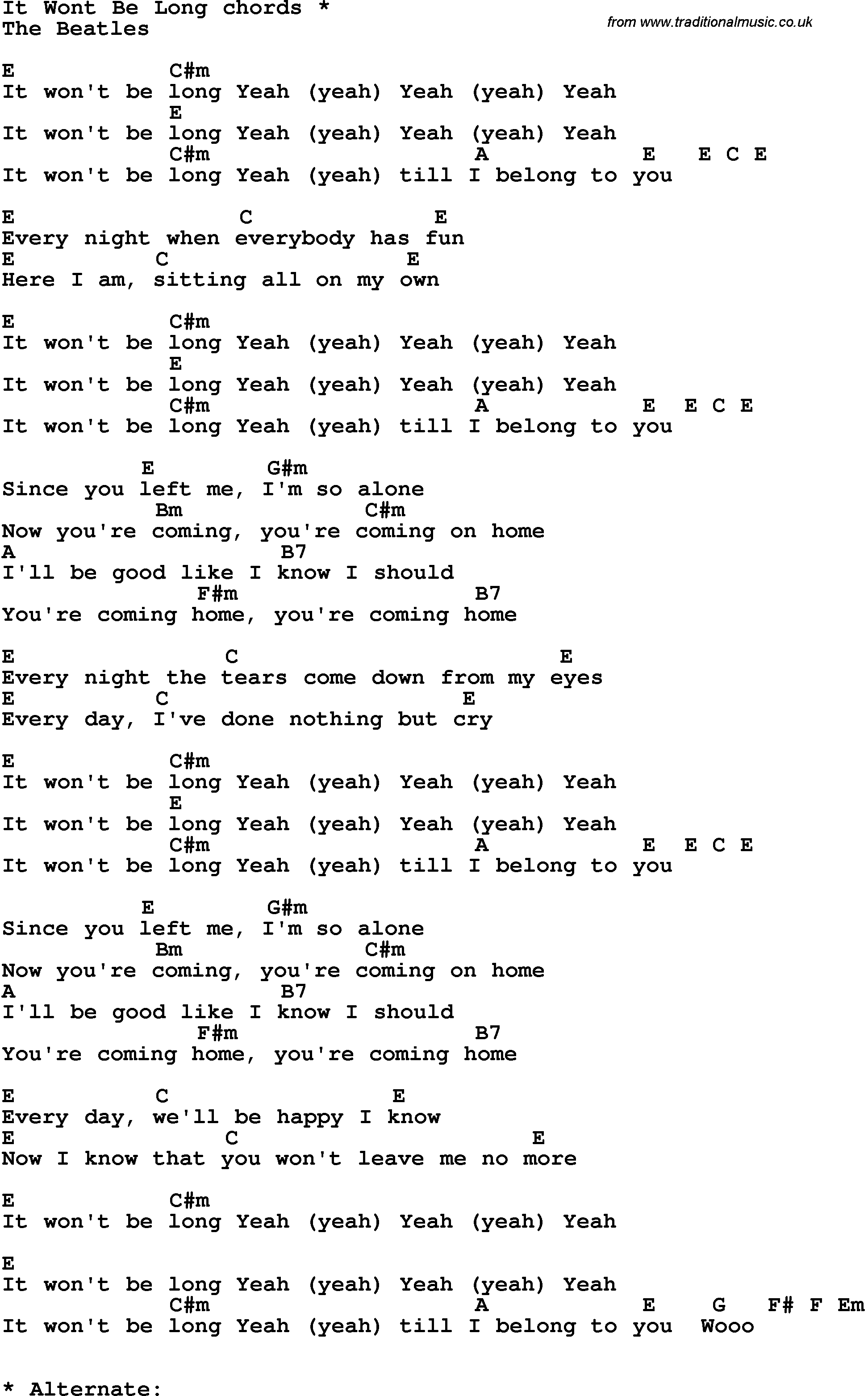 Song Lyrics with guitar chords for It Won't Be Long - The Beatles