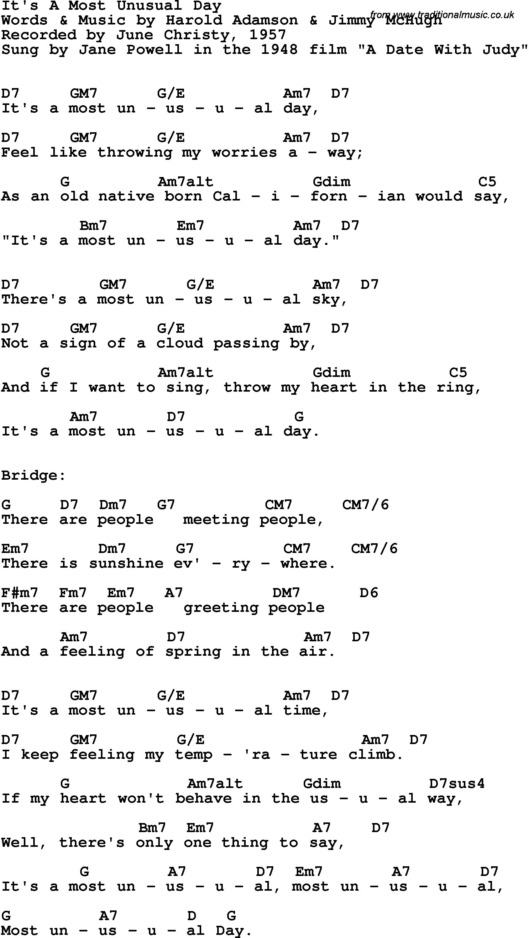 Song Lyrics with guitar chords for It's A Most Unusual Day - June Christy, 1957