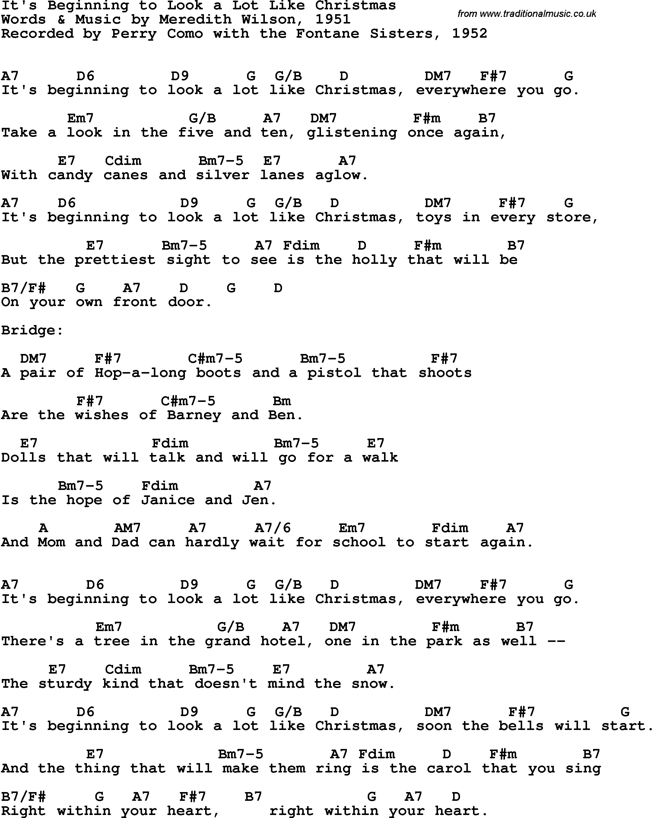 Song Lyrics with guitar chords for It's Beginning To Look A Lot Like Christmas - Perry Como & The Andrews Sisters, 1952