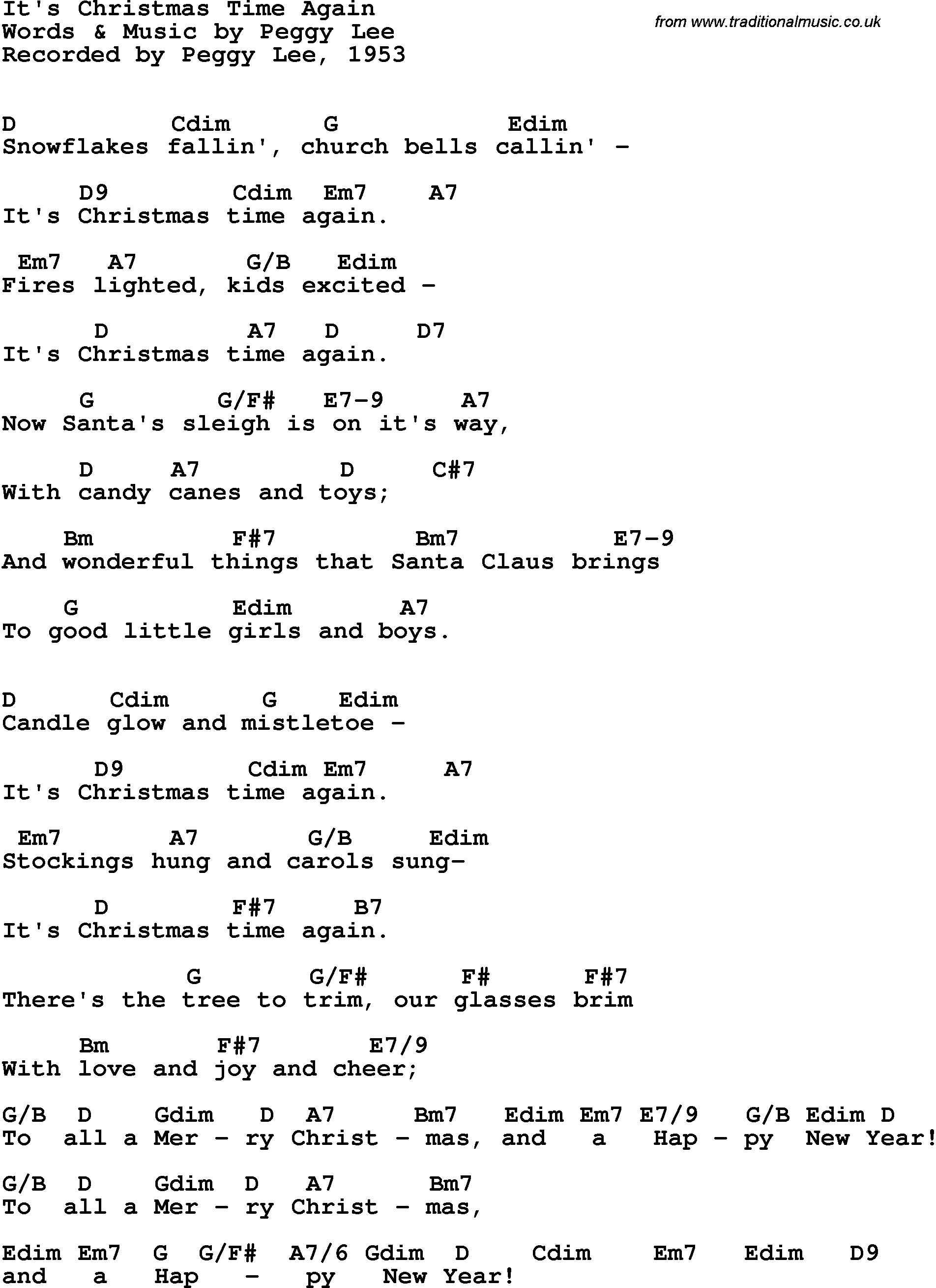 Song Lyrics with guitar chords for It's Christmas Time Again - Peggy Lee, 1953