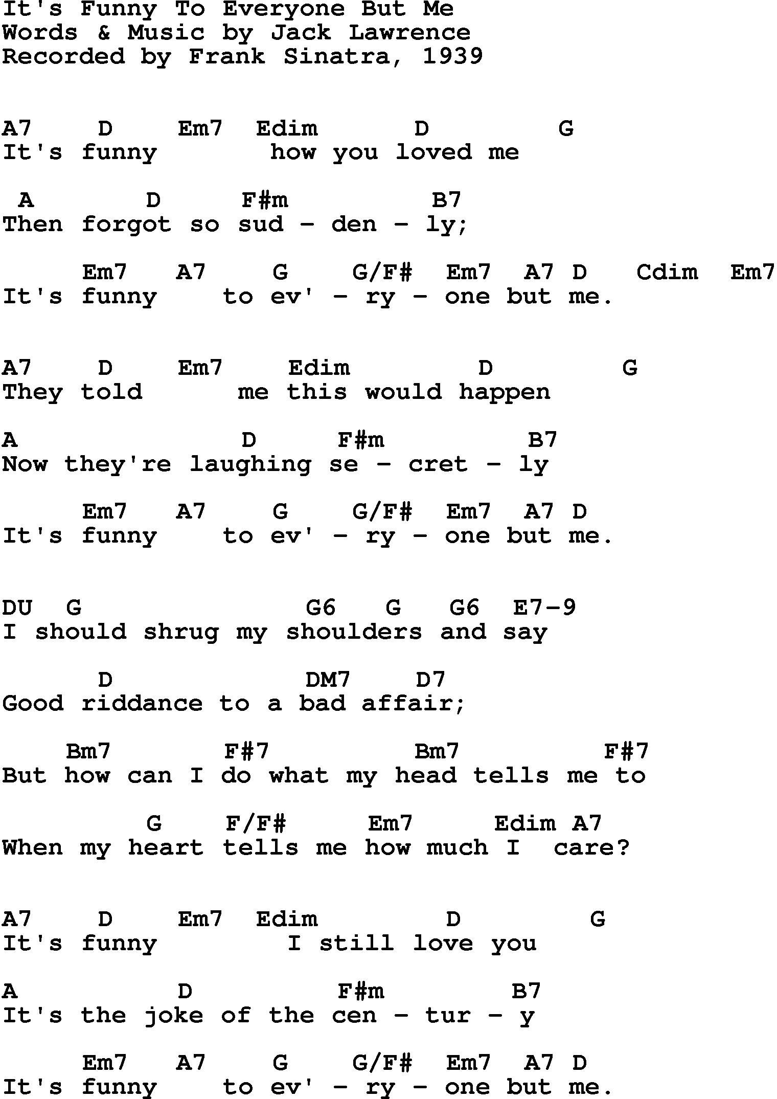 Song Lyrics with guitar chords for It's Funny To Everyone But Me - Frank Sinatra, 1939