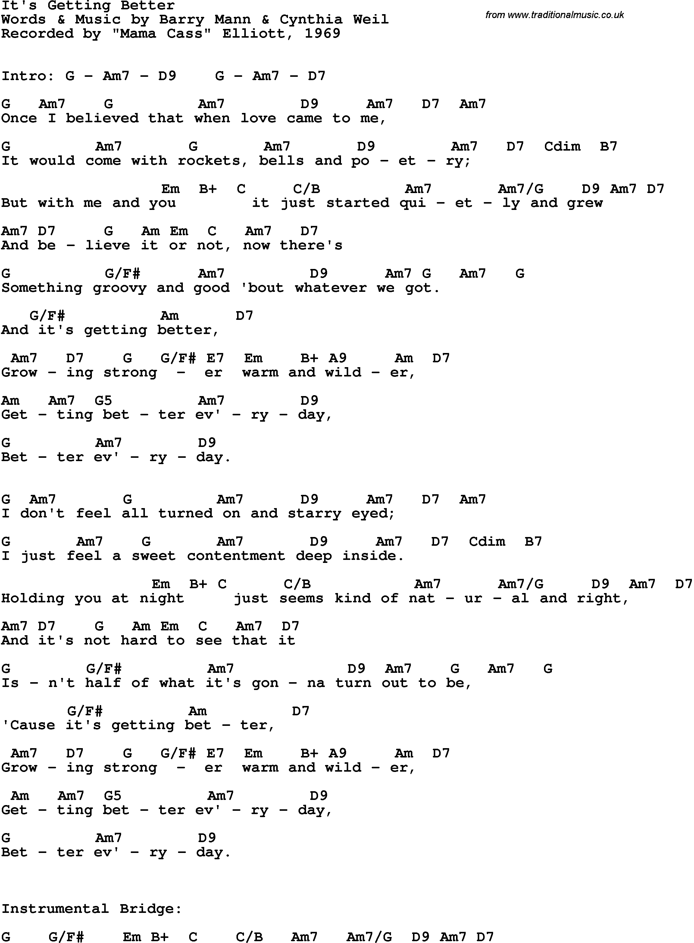 Song Lyrics with guitar chords for It's Getting Better - Mama Cass Elliott, 1969