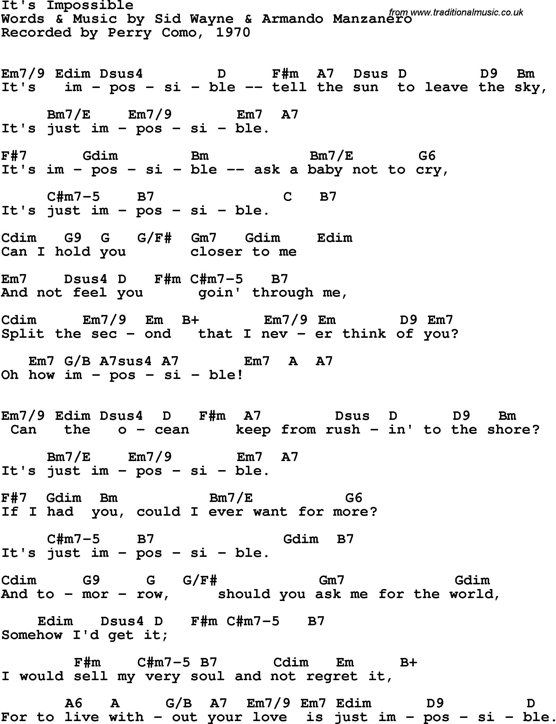 Song Lyrics with guitar chords for It's Impossible - Perry Como, 1970