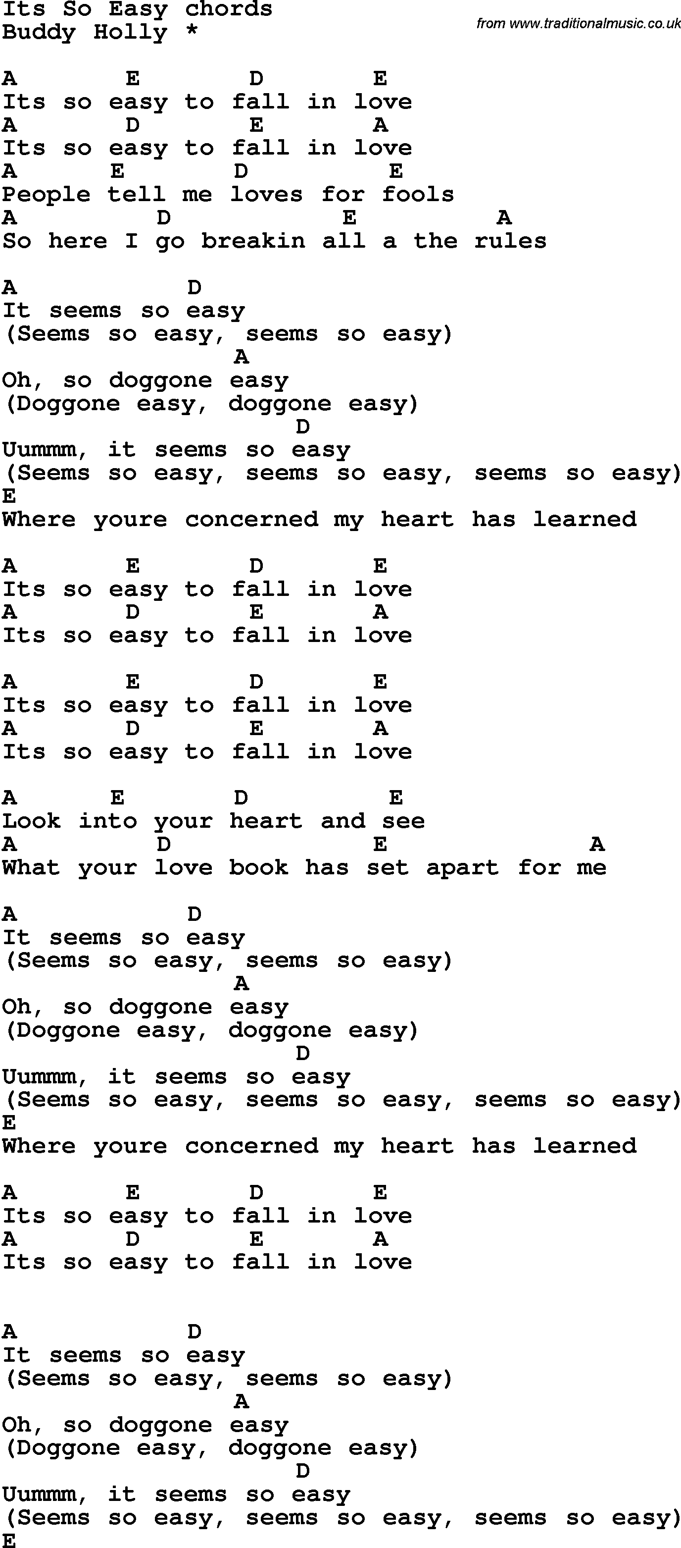 Song Lyrics with guitar chords for It's So Easy