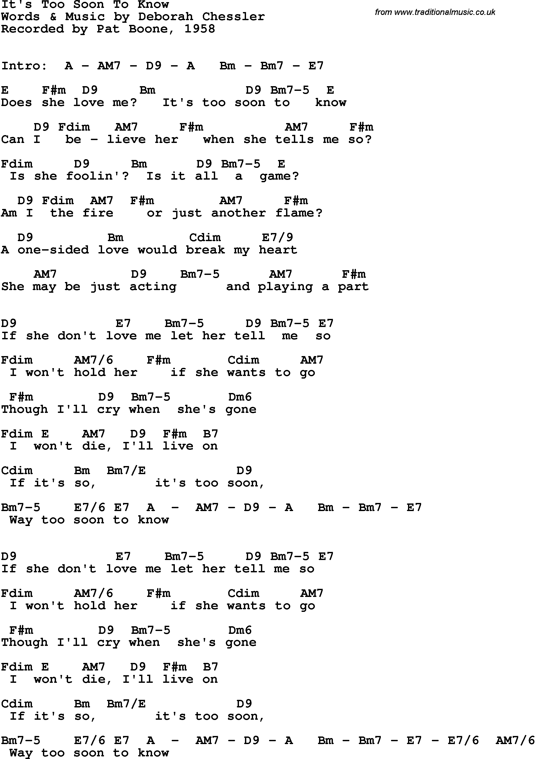 Song Lyrics with guitar chords for It's Too Soon To Know - Pat Boone, 1958