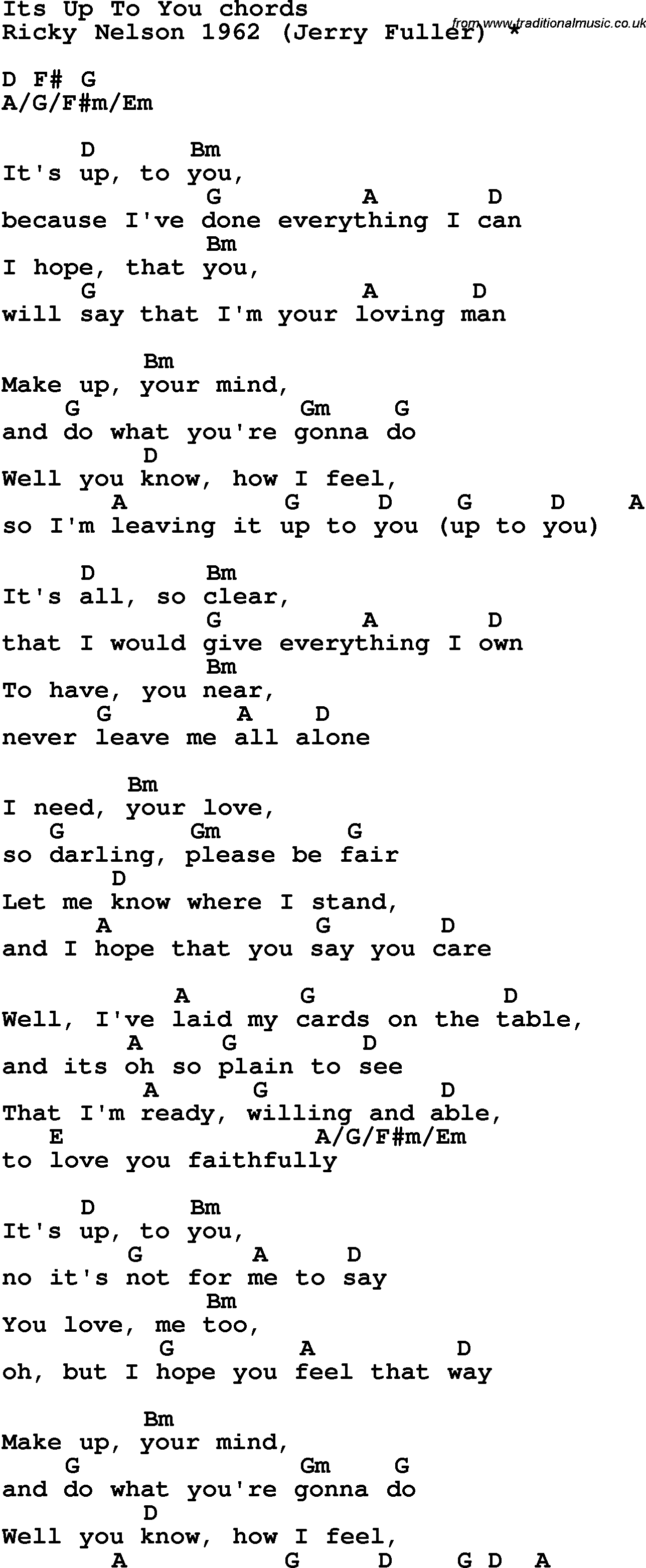 Song Lyrics with guitar chords for It's Up To You