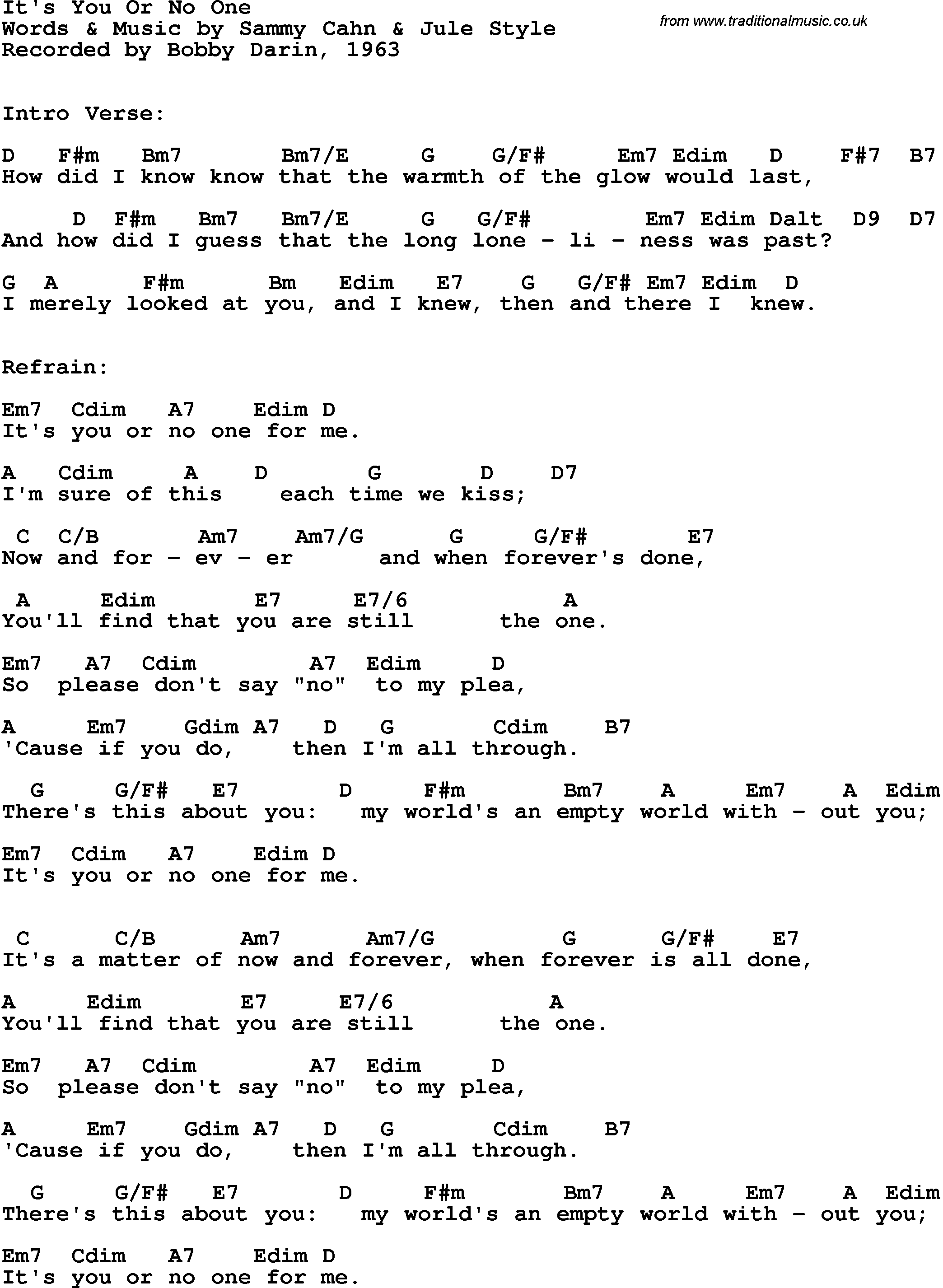 Song Lyrics with guitar chords for It's You Or No One - Bobby Darin, 1963